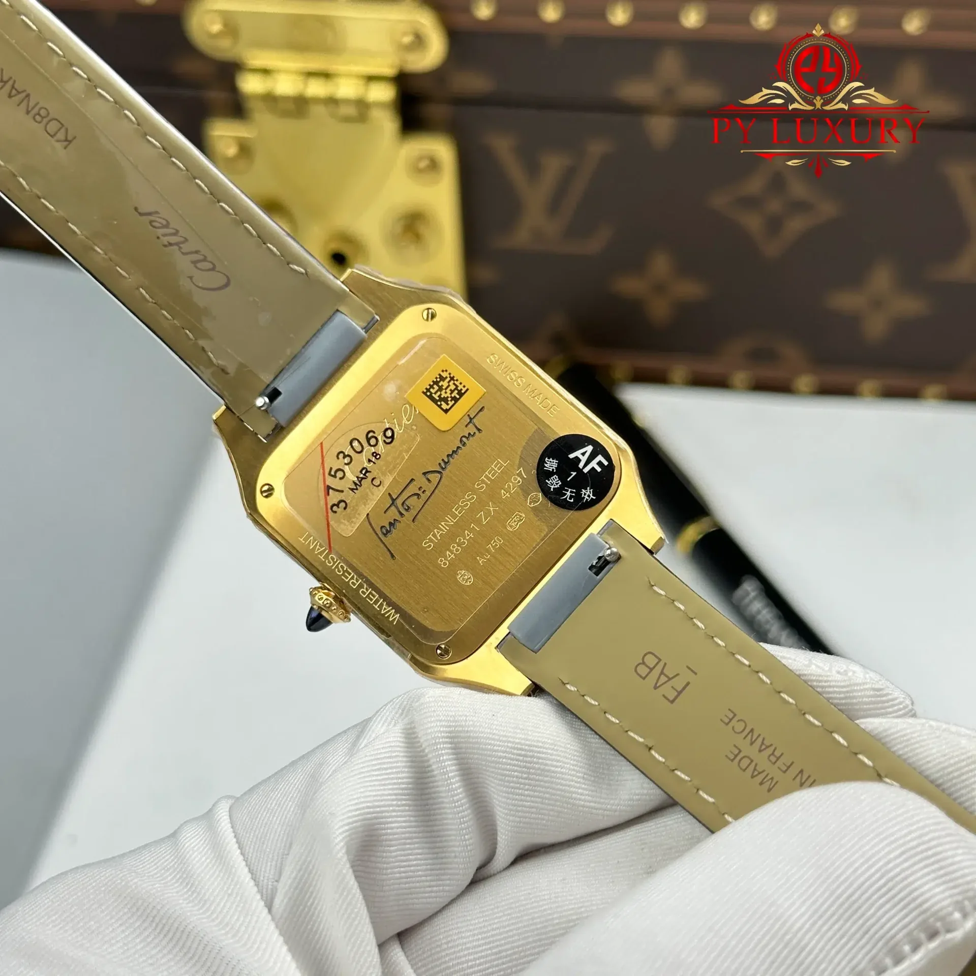Cartier Santos Dumont LM Yellow Gold Gray Lacquer Grey Dial Quartz Leather Strap Replica AF 31.4mm x 43.5mm - 图片 9