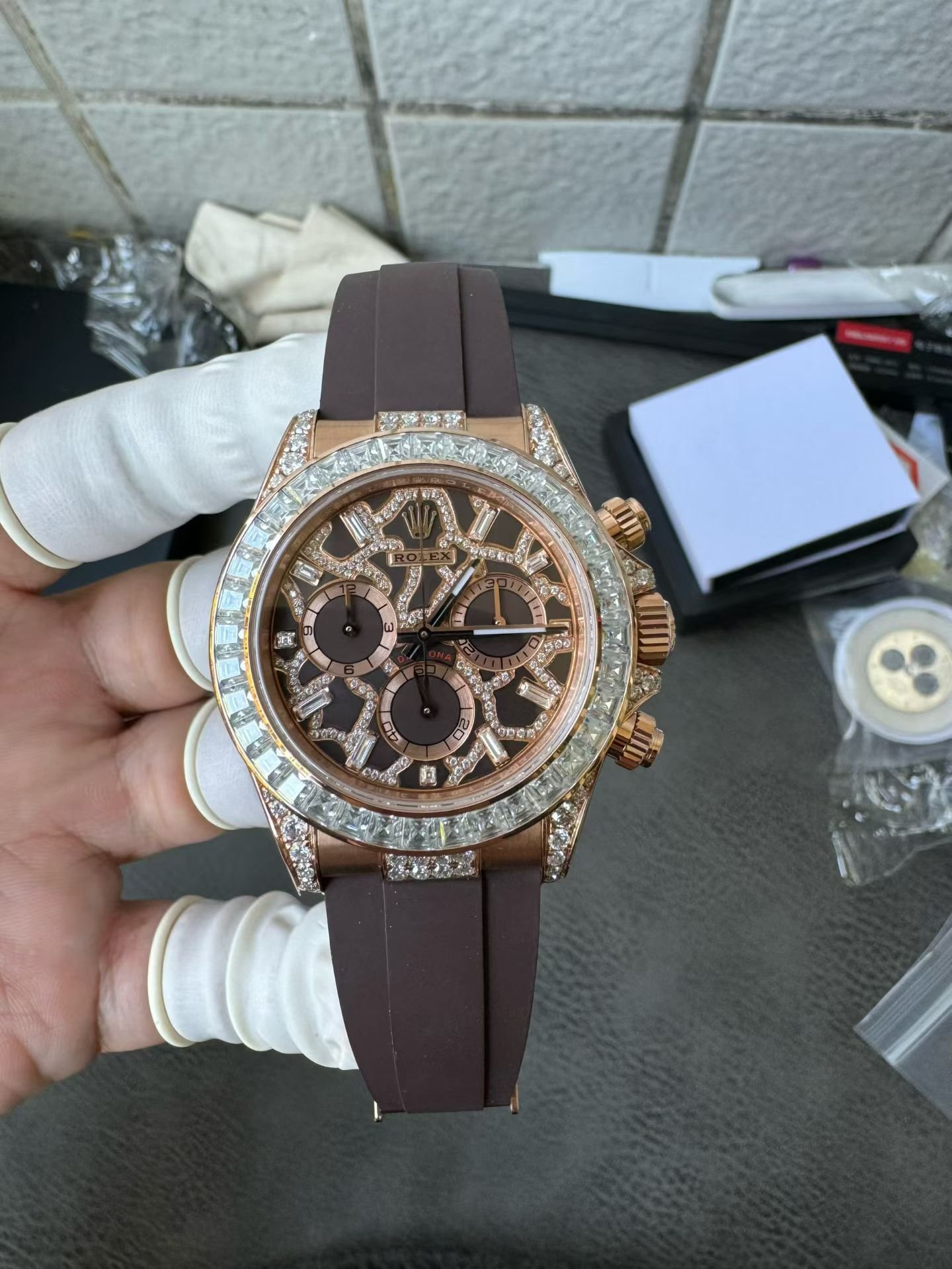 Rolex Daytona 126555TBR Giraffe Rose Gold Chestnut Brown Diamond Dial Diamond Bezel Custom Moissanite 40mm