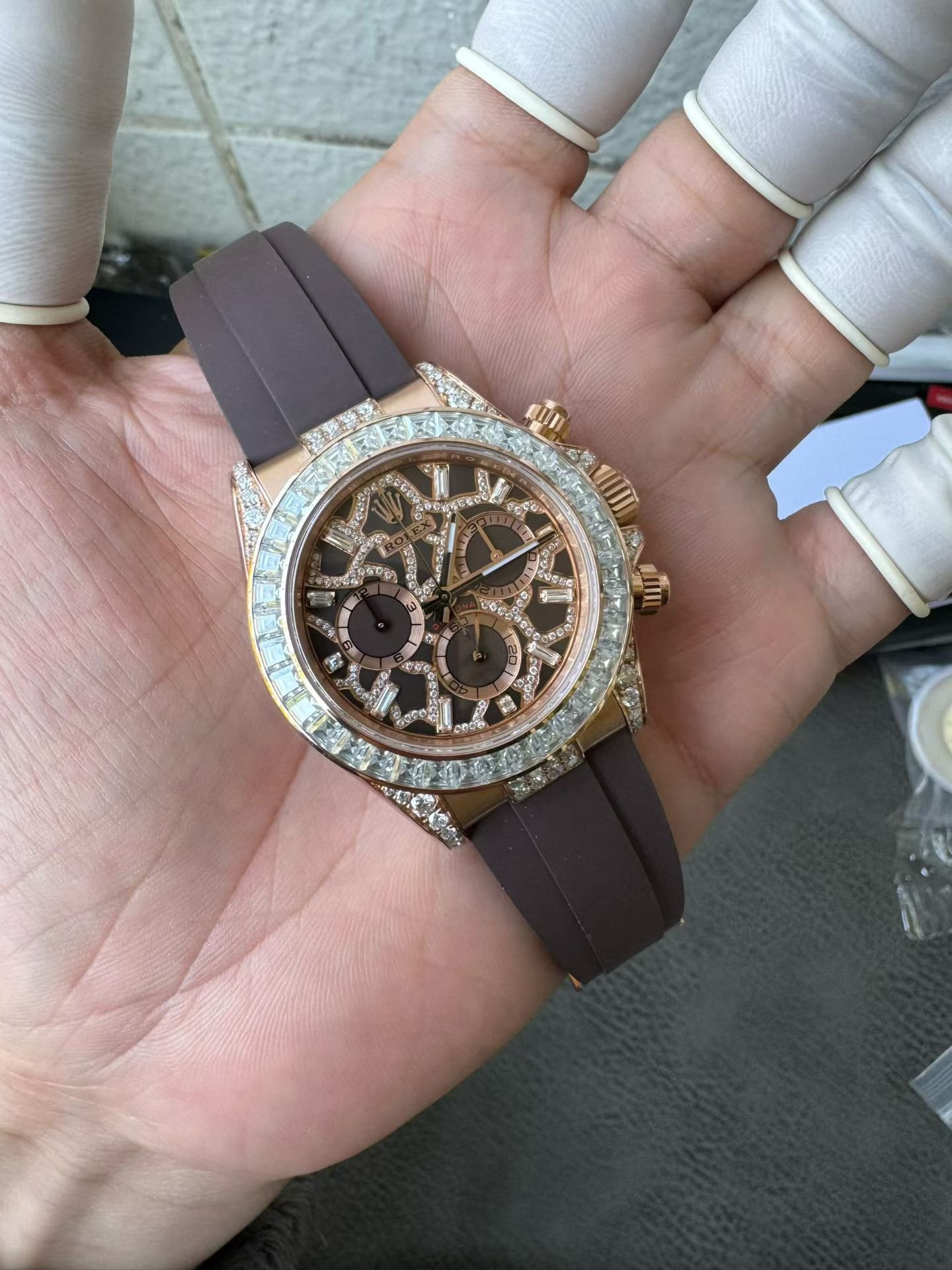Rolex Daytona 126555TBR Giraffe Rose Gold Chestnut Brown Diamond Dial Diamond Bezel Custom Moissanite 40mm - 图片 6