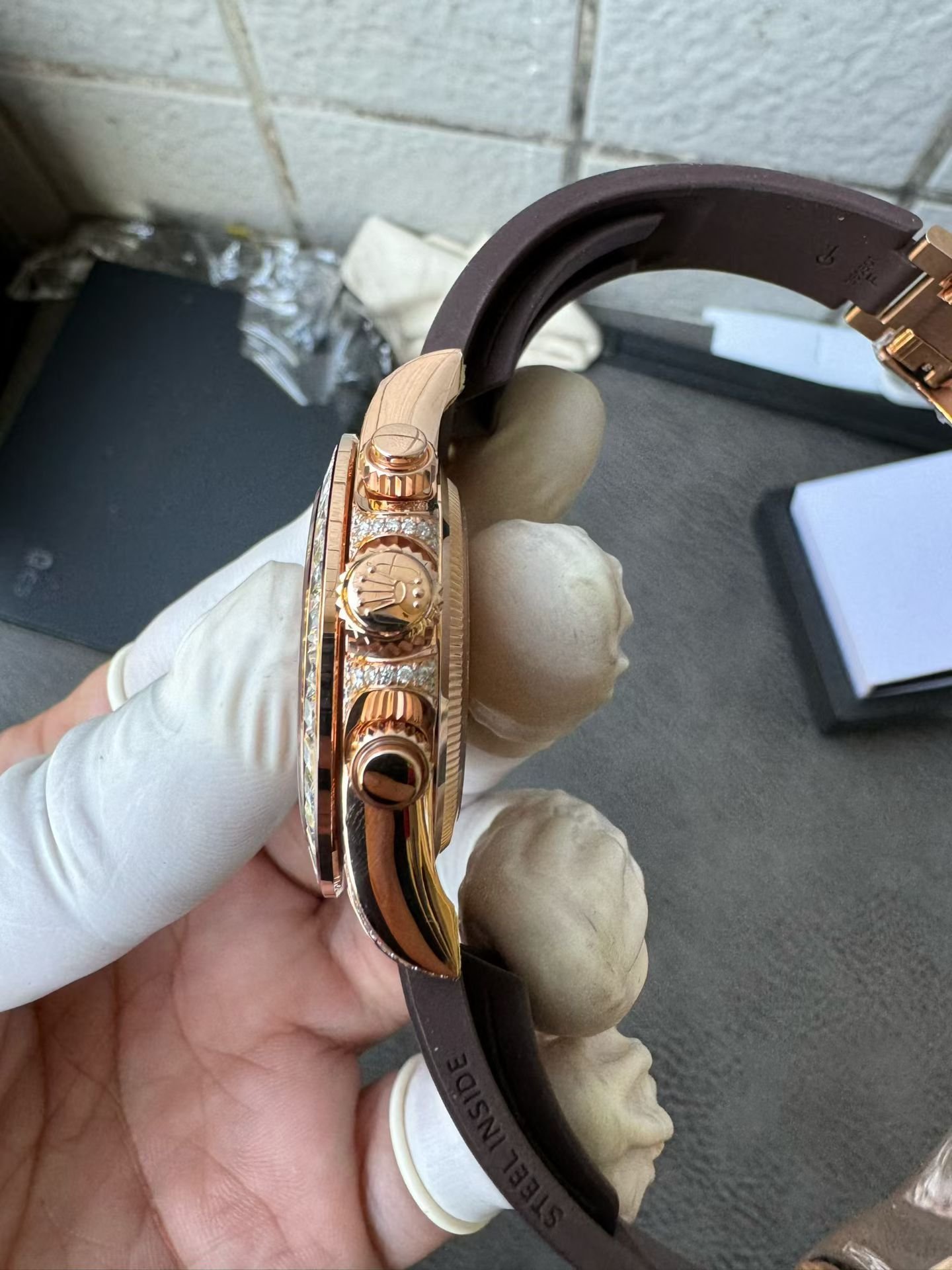 Rolex Daytona 126555TBR Giraffe Rose Gold Chestnut Brown Diamond Dial Diamond Bezel Custom Moissanite 40mm - 图片 7