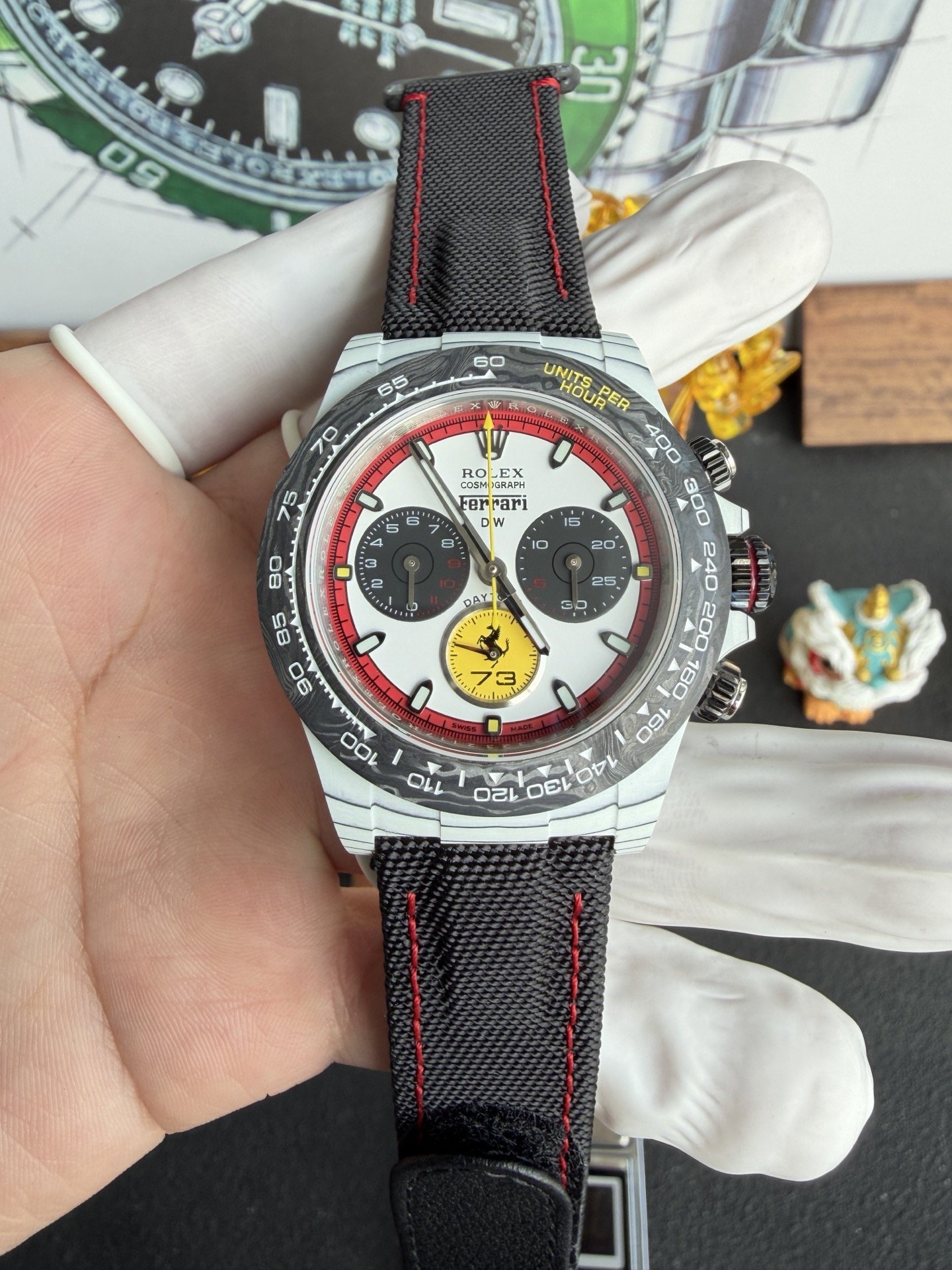 Rolex DiW Daytona Ferrari Edition RT White Quartz TPT Black Carbon Bezel Super Clone 40mm