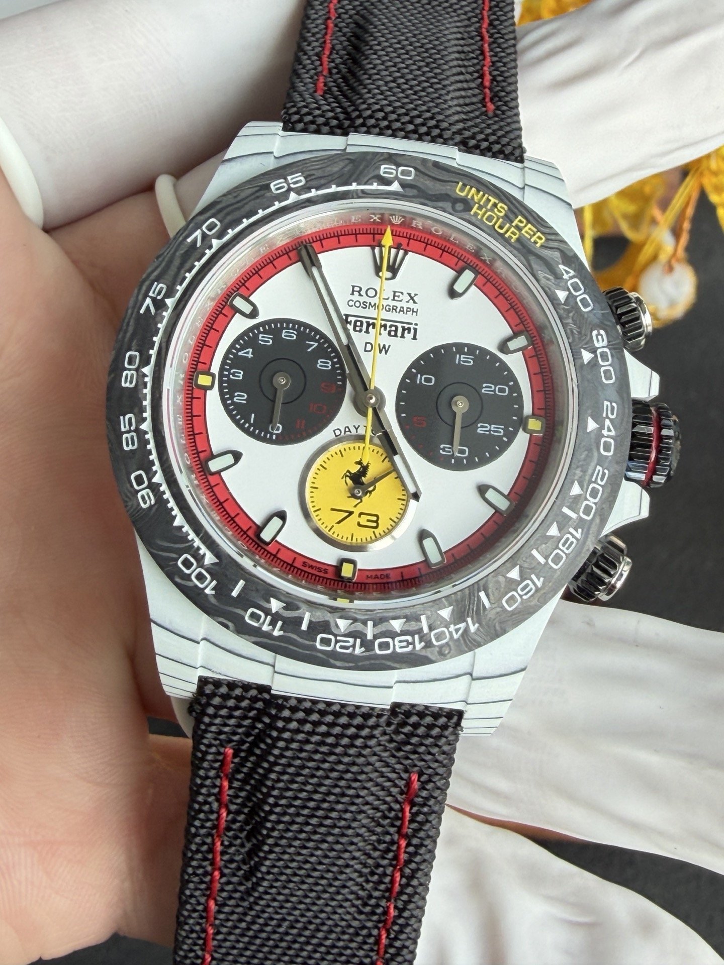 Rolex DiW Daytona Ferrari Edition RT White Quartz TPT Black Carbon Bezel Super Clone 40mm - 图片 5