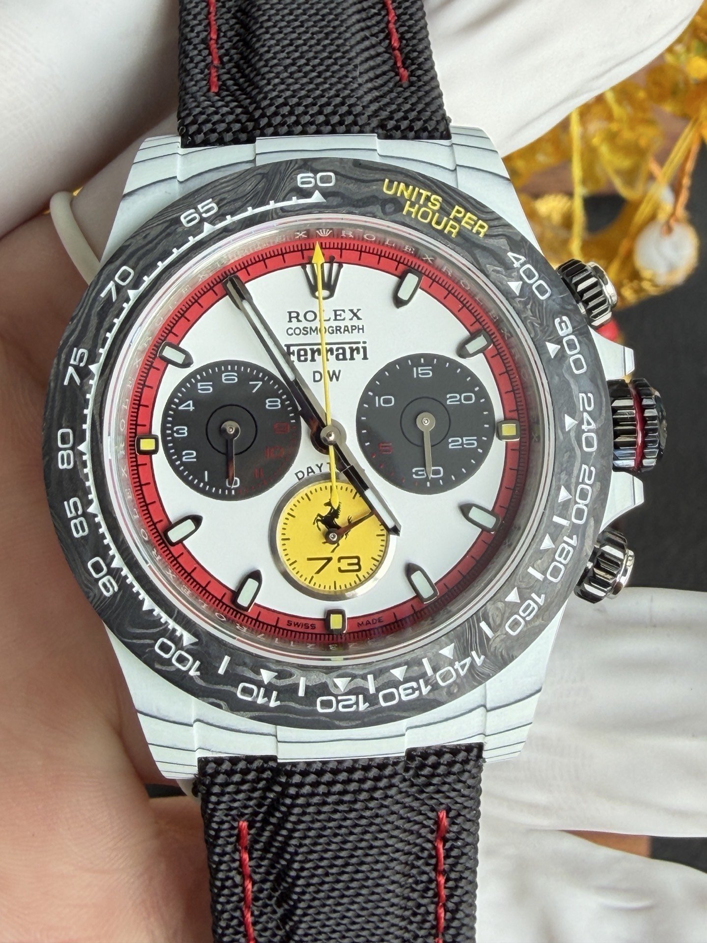 Rolex DiW Daytona Ferrari Edition RT White Quartz TPT Black Carbon Bezel Super Clone 40mm - 图片 6