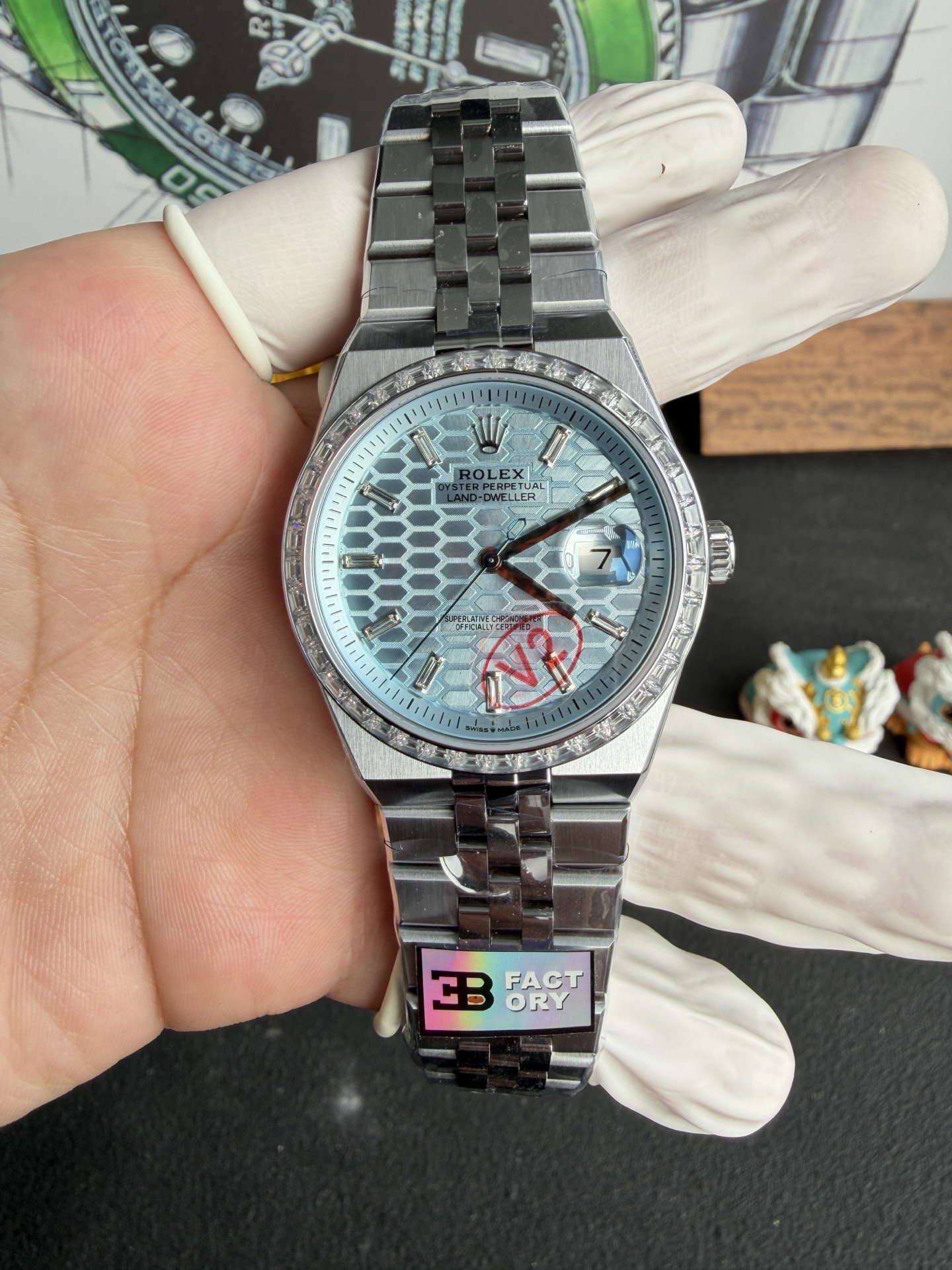 Rolex Land-Dweller 127386TBR-0001 Ice-blue Honeycomb-motif Diamond-set Dial Best Replica BPF 40mm