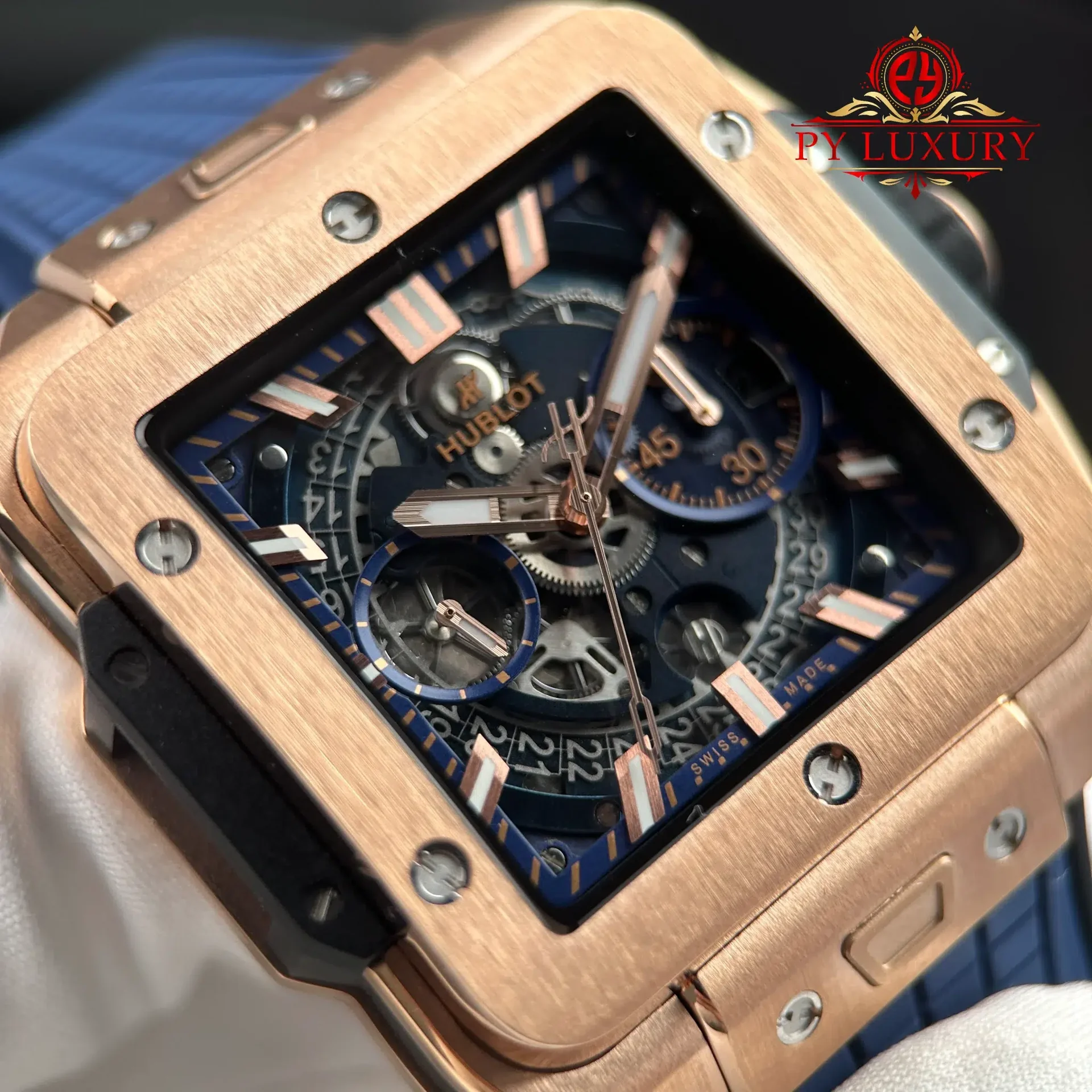 Hublot Square Bang Unico King Gold Blue Rubber Strap Best Replica BBF 42mm - 图片 4