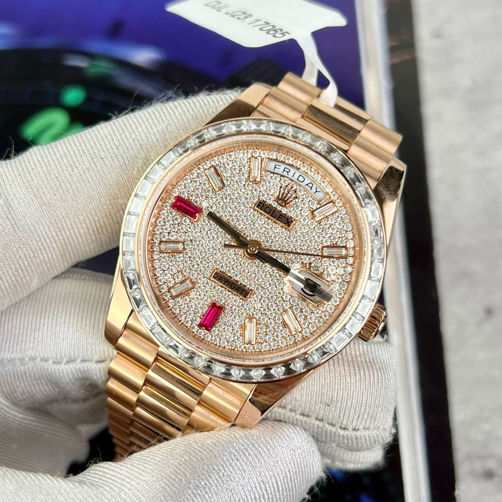 Rolex Day-Date 228345RBR 18K Gold Wrapped Customized Baguette Moissanite 40mm - 图片 3