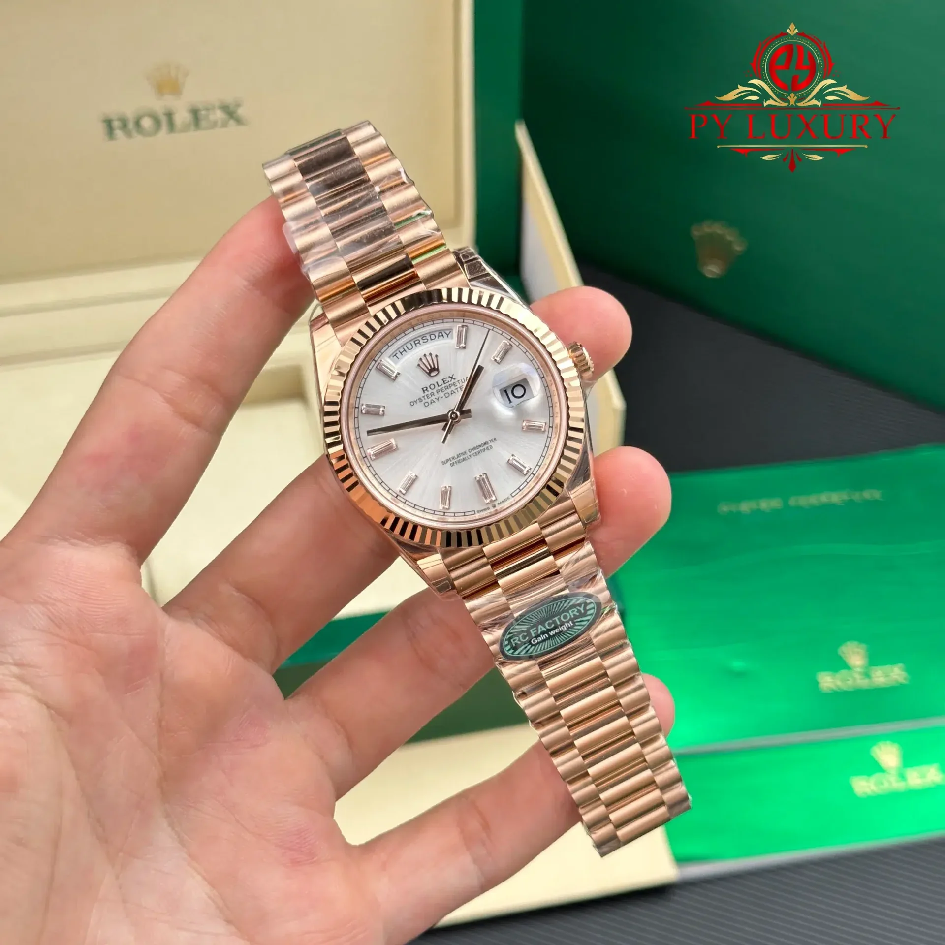 Rolex Day-Date 228235 Rose Gold Sundust Baguette Diamond Dial Super Clone Gained Weight 210g RCF 40mm