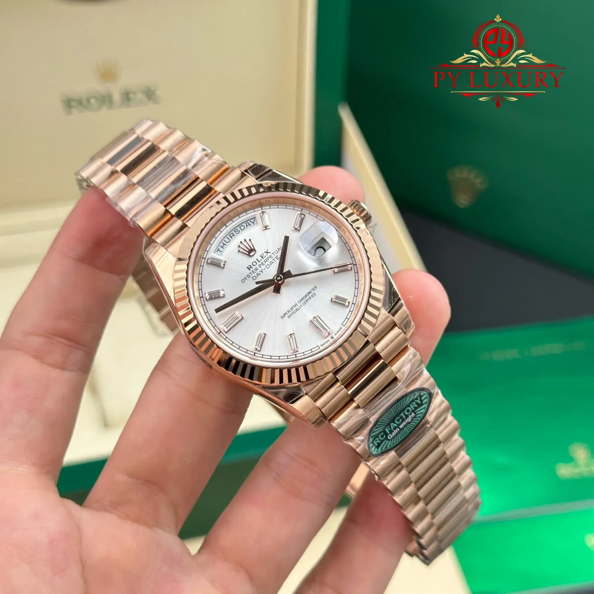 Rolex Day-Date 228235 Rose Gold Sundust Baguette Diamond Dial Super Clone Gained Weight 210g RCF 40mm - 图片 2