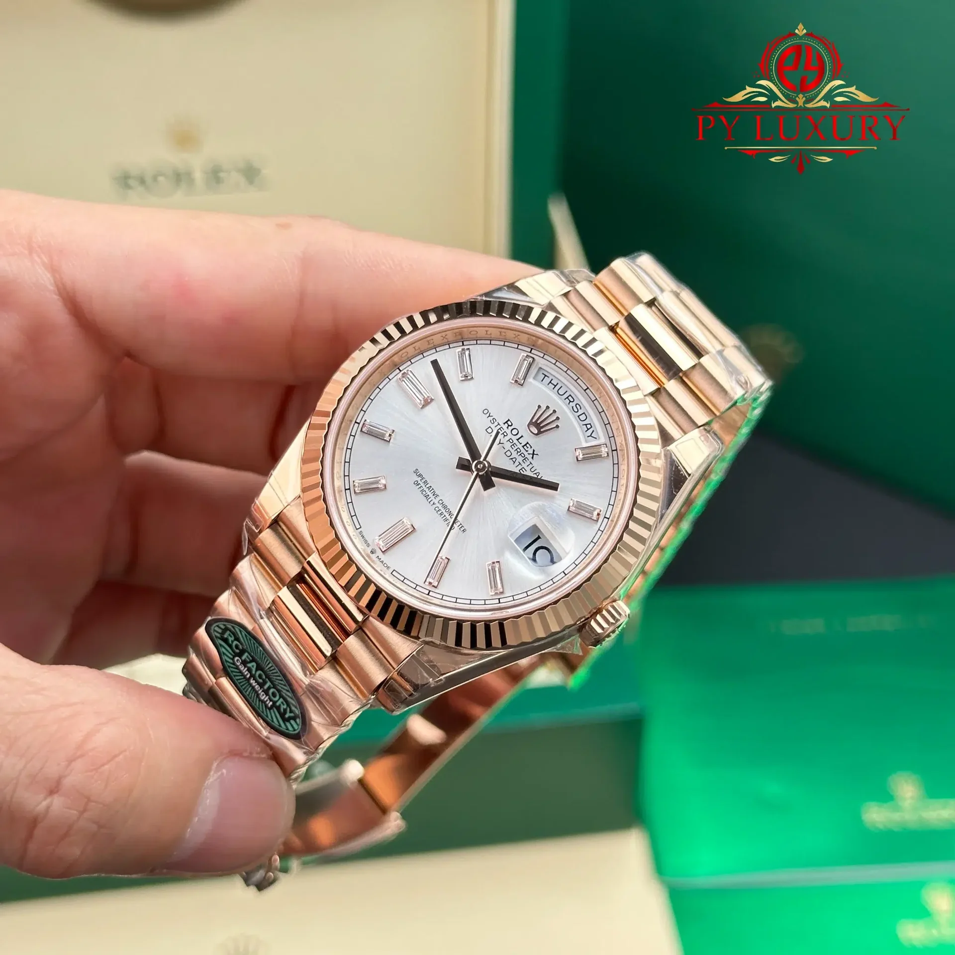 Rolex Day-Date 228235 Rose Gold Sundust Baguette Diamond Dial Super Clone Gained Weight 210g RCF 40mm - 图片 3