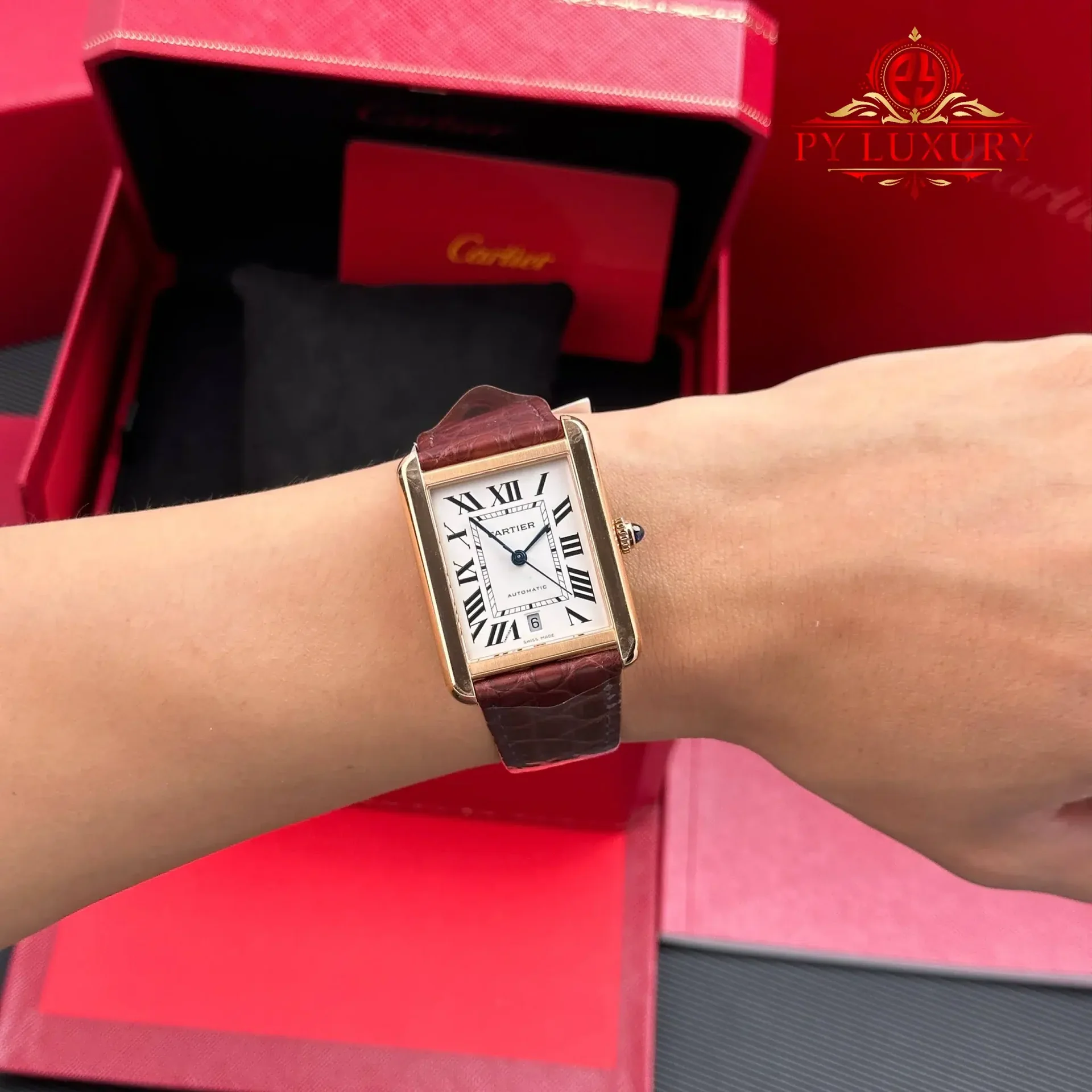 Cartier Tank Solo XL Automatic Rose Gold Brown Leather Strap Best Replica AF 31 x 41mm - 图片 3