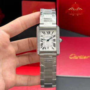 Cartier Tank Solo XL Automatic Silver Dial Diamond Bezel Steel Bracelet Best Replica AF 31mm x 41mm