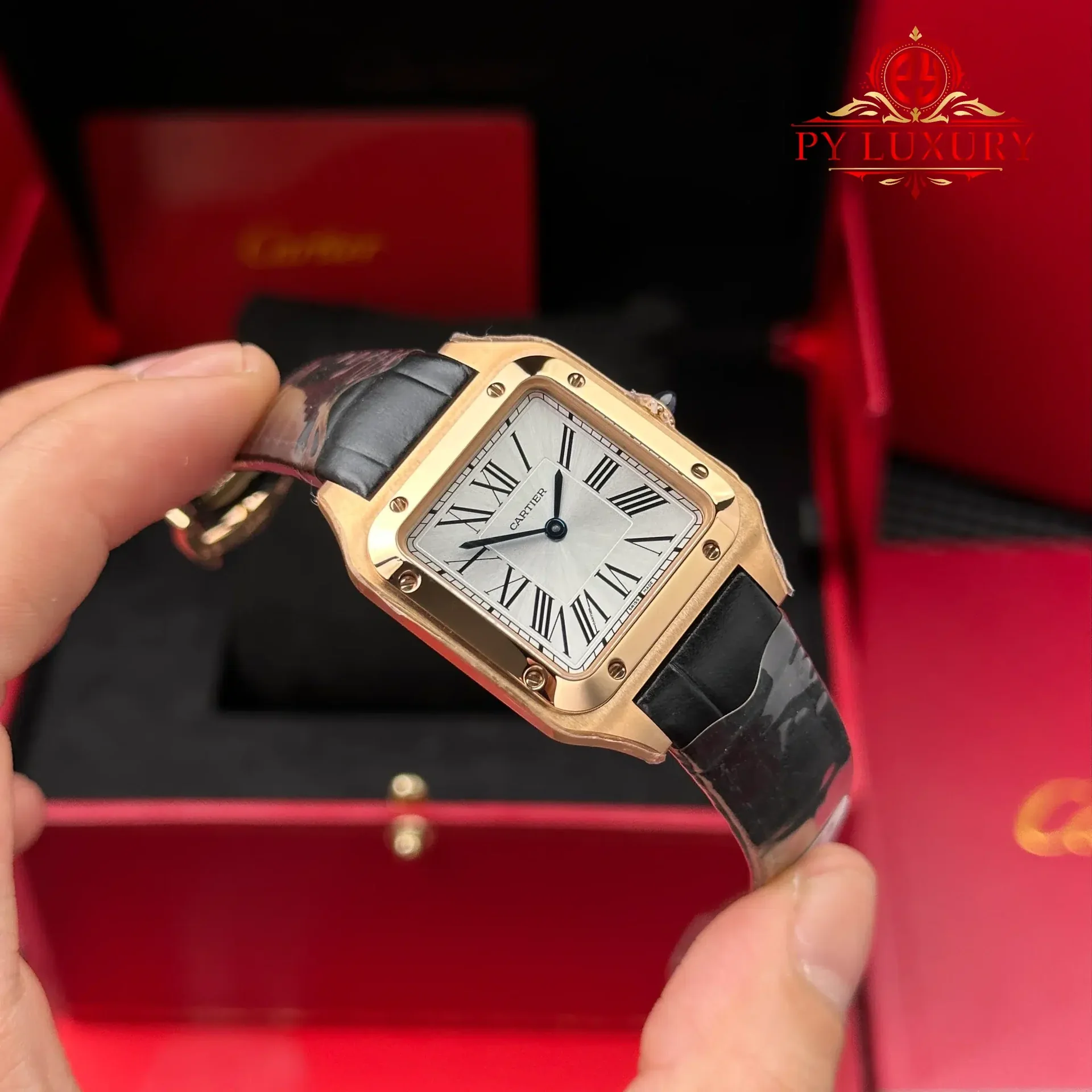 Cartier Santos Dumont Small Model Rose Gold Silver Dial Leather Strap Replica 38mm x 27.5mm - 图片 3