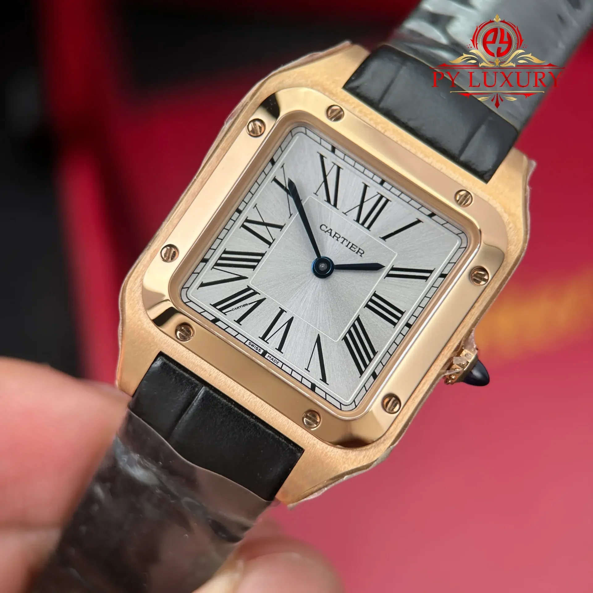 Cartier Santos Dumont Small Model Rose Gold Silver Dial Leather Strap Replica 38mm x 27.5mm - 图片 5