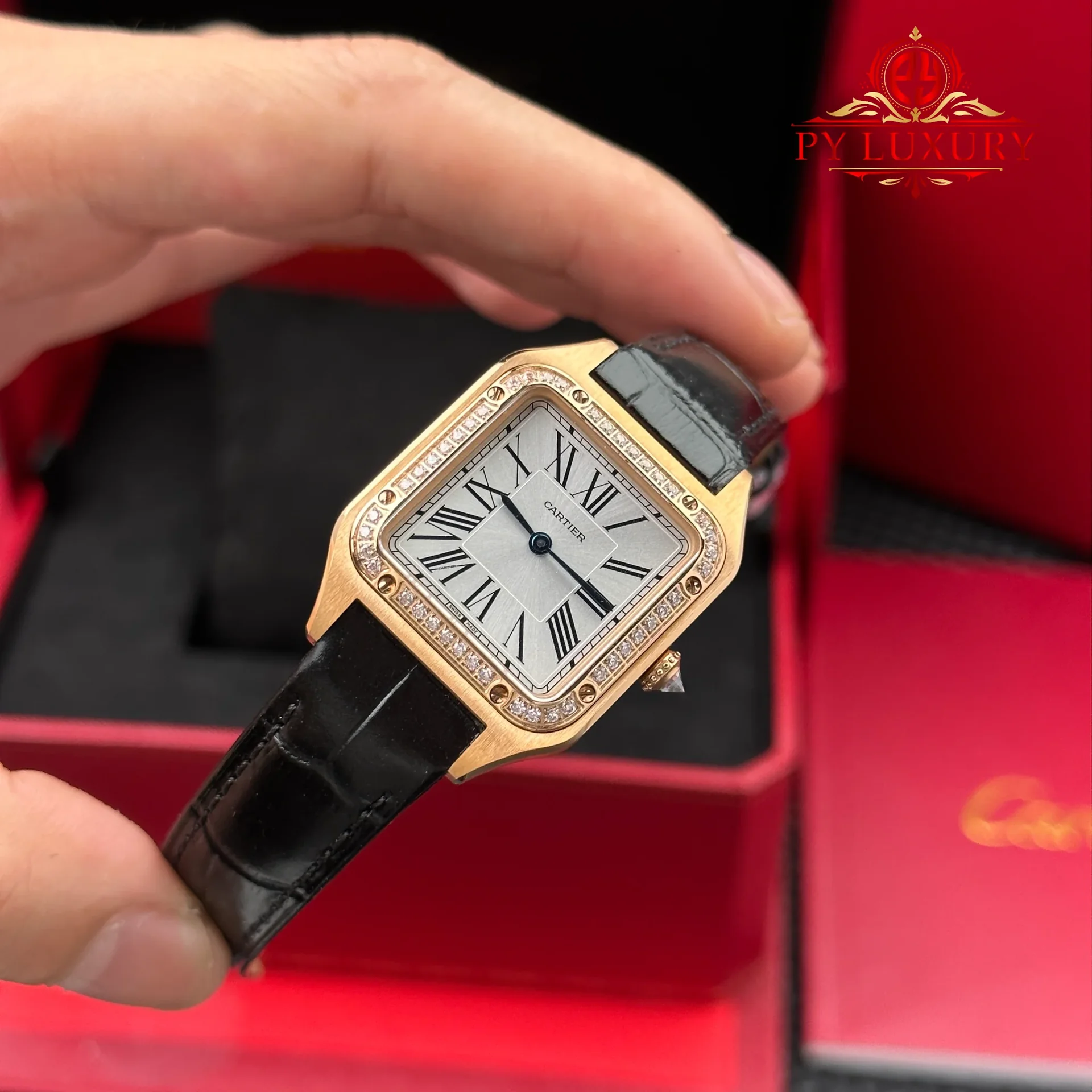 Cartier Santos Dumont Small Model Rose Gold Diamond Bezel Silver Dial Leather Strap Replica 38mm x 27.5mm - 图片 2