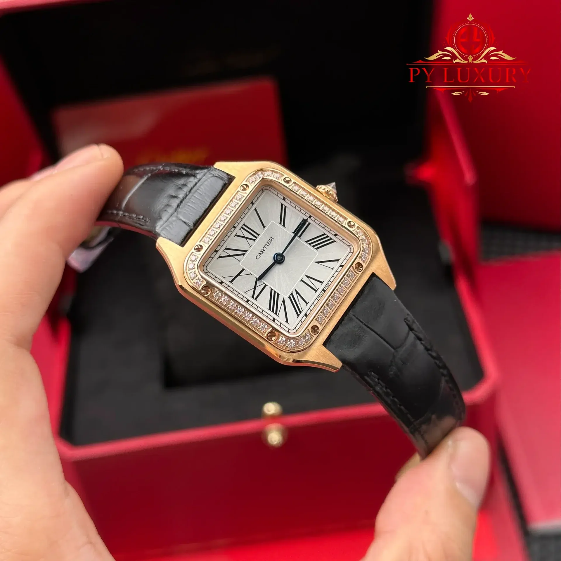 Cartier Santos Dumont Small Model Rose Gold Diamond Bezel Silver Dial Leather Strap Replica 38mm x 27.5mm - 图片 3