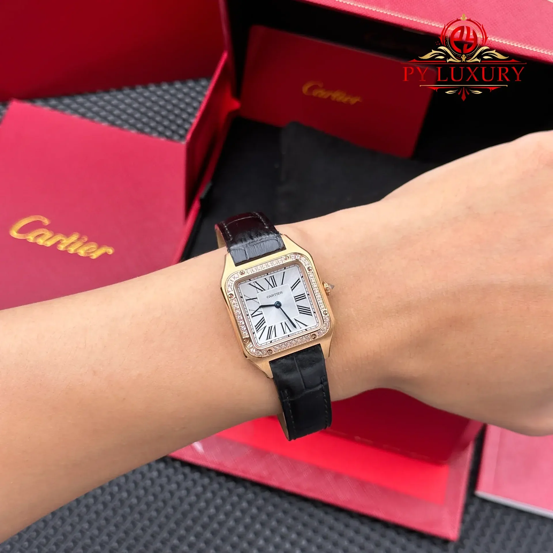 Cartier Santos Dumont Small Model Rose Gold Diamond Bezel Silver Dial Leather Strap Replica 38mm x 27.5mm - 图片 4