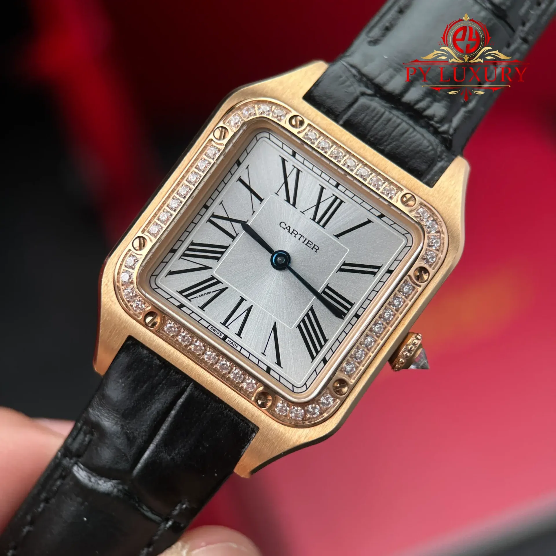 Cartier Santos Dumont Small Model Rose Gold Diamond Bezel Silver Dial Leather Strap Replica 38mm x 27.5mm - 图片 5