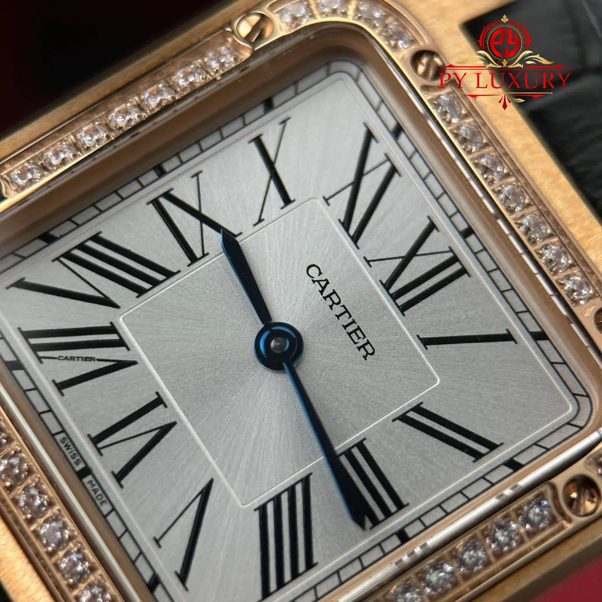 Cartier Santos Dumont Small Model Rose Gold Diamond Bezel Silver Dial Leather Strap Replica 38mm x 27.5mm - 图片 6