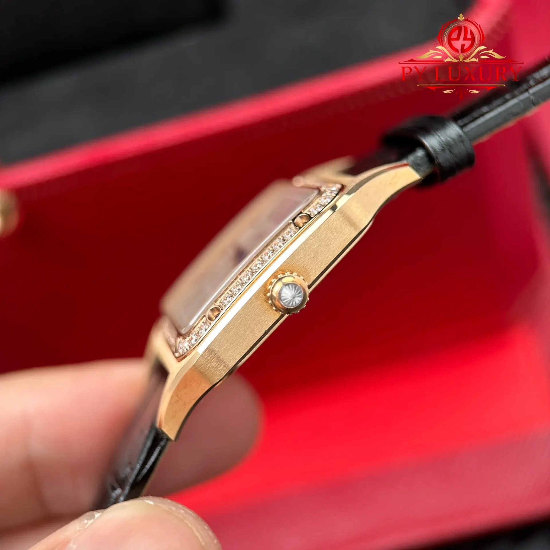 Cartier Santos Dumont Small Model Rose Gold Diamond Bezel Silver Dial Leather Strap Replica 38mm x 27.5mm - 图片 10