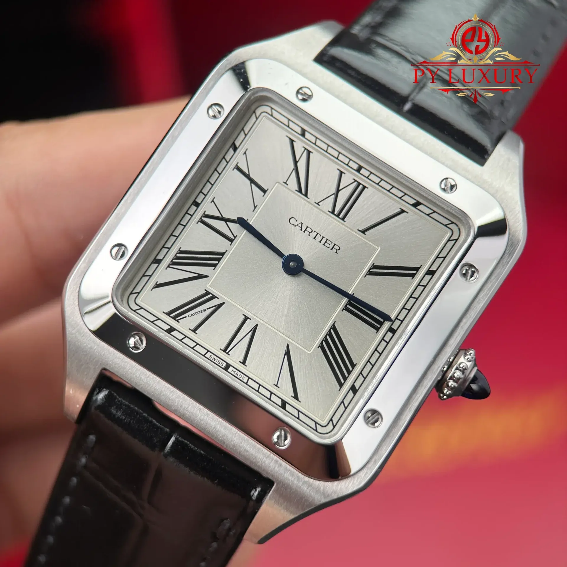 Cartier Santos Dumont Steel Extra Large Model Silver Dial Leather Strap Replica 46.6 mm x 33.9 mm - 图片 5