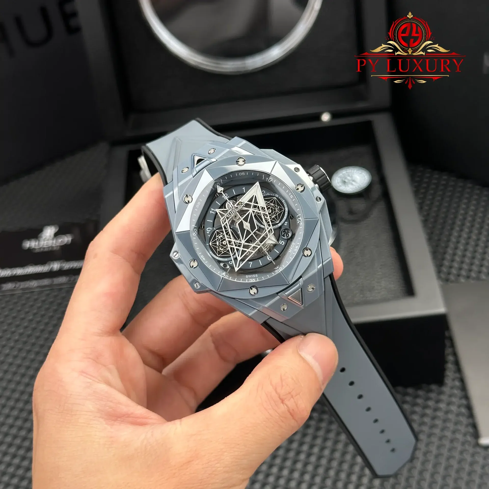 Hublot Big Bang Sang Bleu II Grey Ceramic Rubber Strap Best Replica BBF 45mm - 图片 3