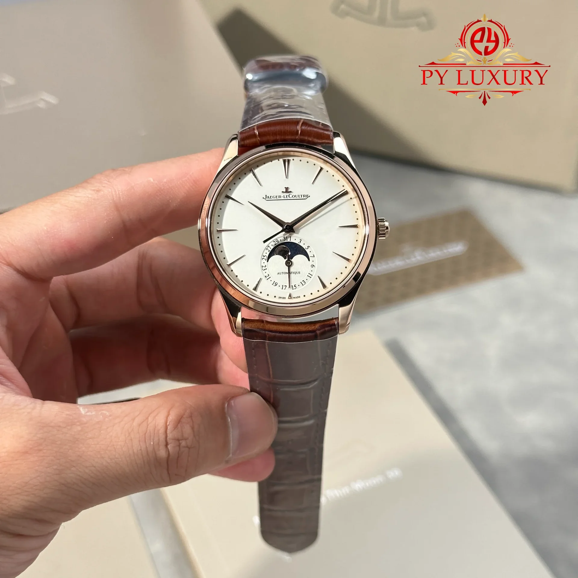 Jaeger-LeCoultre Master Ultra Thin Moonphase Q1362510 Rose Gold Brown Leather Strap Best Replica 39mm