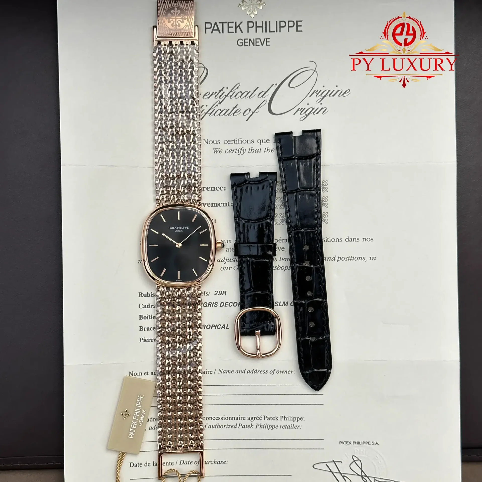 Patek Philippe Golden Ellipse 5738/1R-001 Rose Gold Black Dial Best Replica 34.5mm x 39.5mm