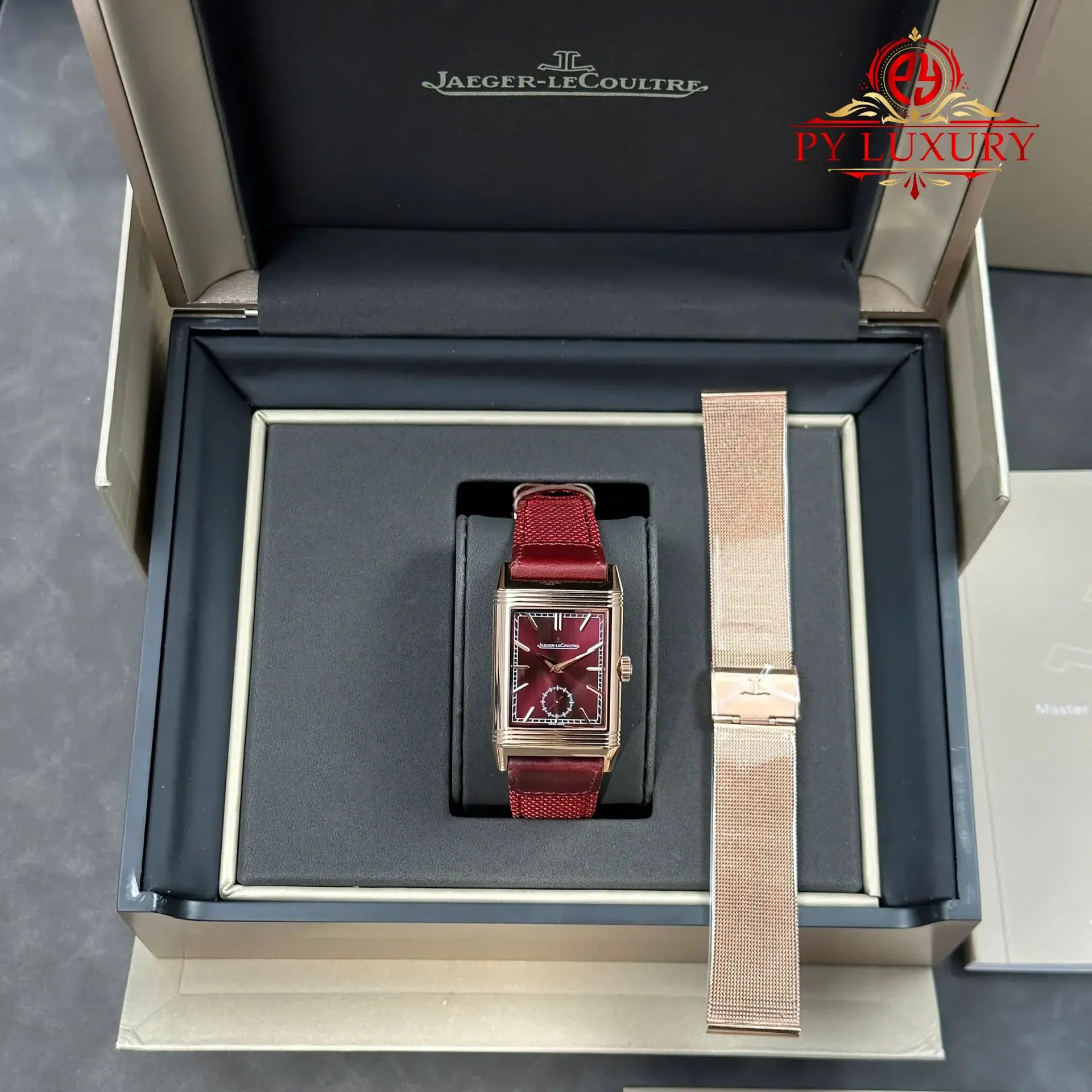 Jaeger-LeCoultre Reverso Tribute Duoface Q398256J Rose Gold Burgundy Red & Silvered Grey Dial Best Replica JJF 47×28.3mm
