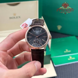 Rolex Cellini Dual Time 50525 Rose Gold Black Guilloche Index Dial Leather Strap Best Replica 39mm