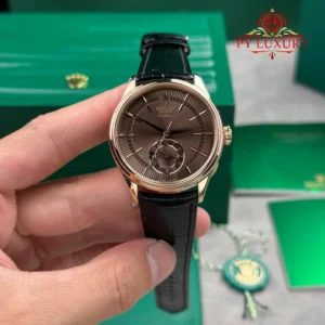 Rolex Cellini Dual Time 50525 Rose Gold Chocolate Dial Leather Strap Best Replica 39mm