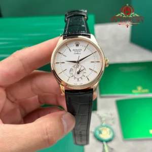 Rolex Cellini Dual Time 50525 Rose Gold Silver Dial Black Leather Strap Best Replica KZF 39mm