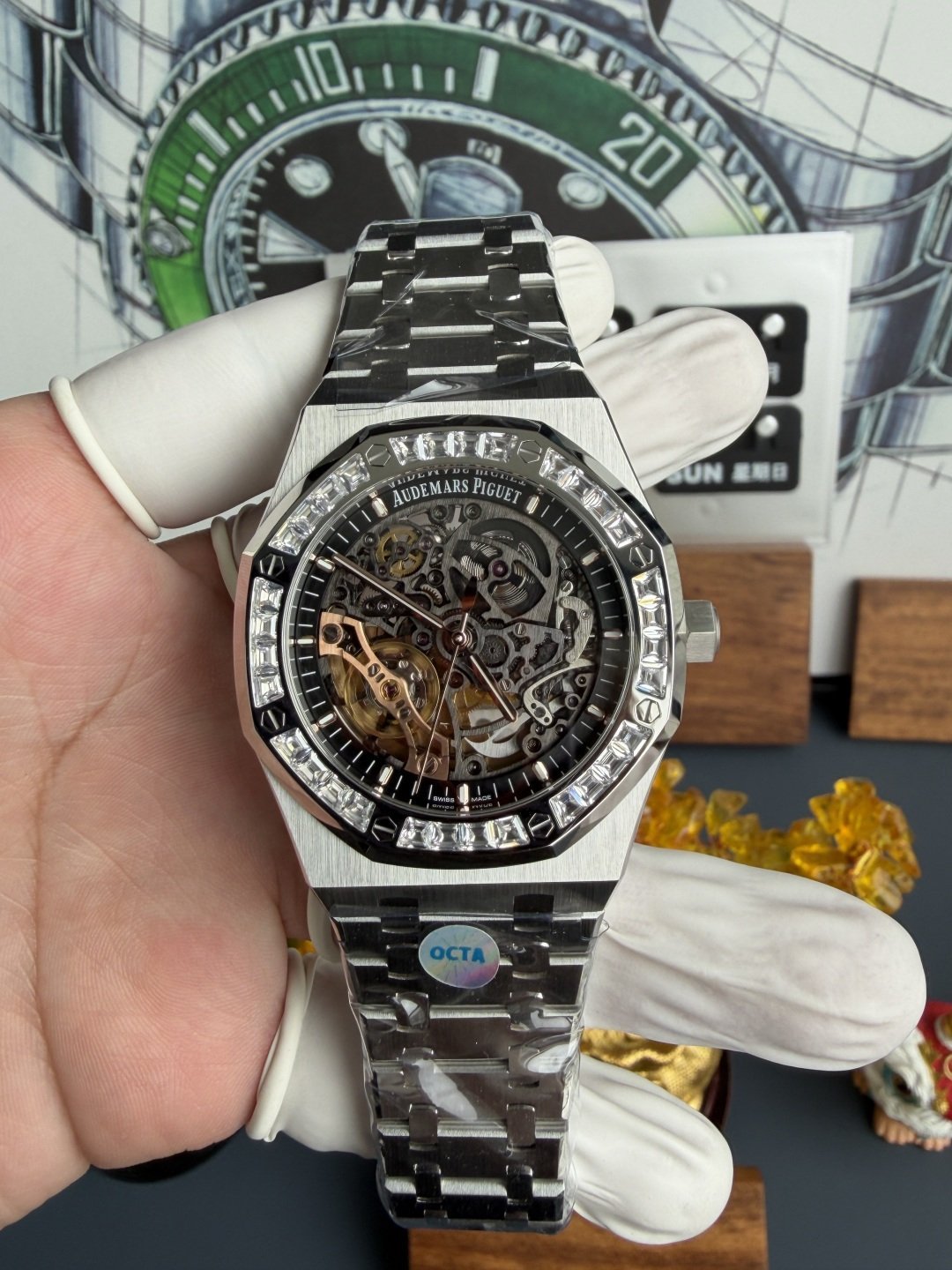 Audemars Piguet Royal Oak OpenWorked 15412BC Skeleton Dial CZ Stone Bezel Best Replica OCTA 41mm (Free Sprung)