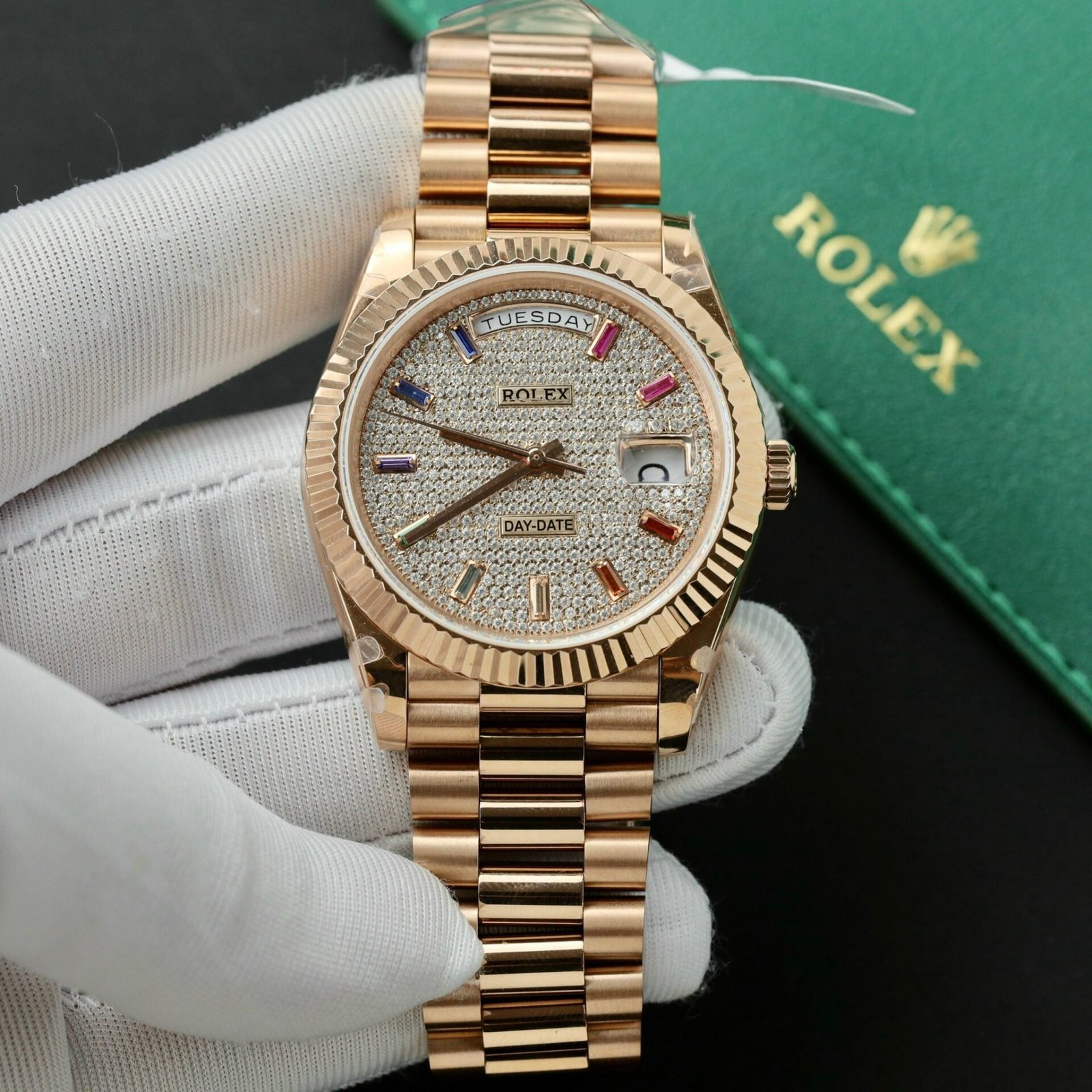 Rolex Day-Date 40 228235 Rose Gold Custom Moissanite Rainbow Dial Best Replica - 图片 2