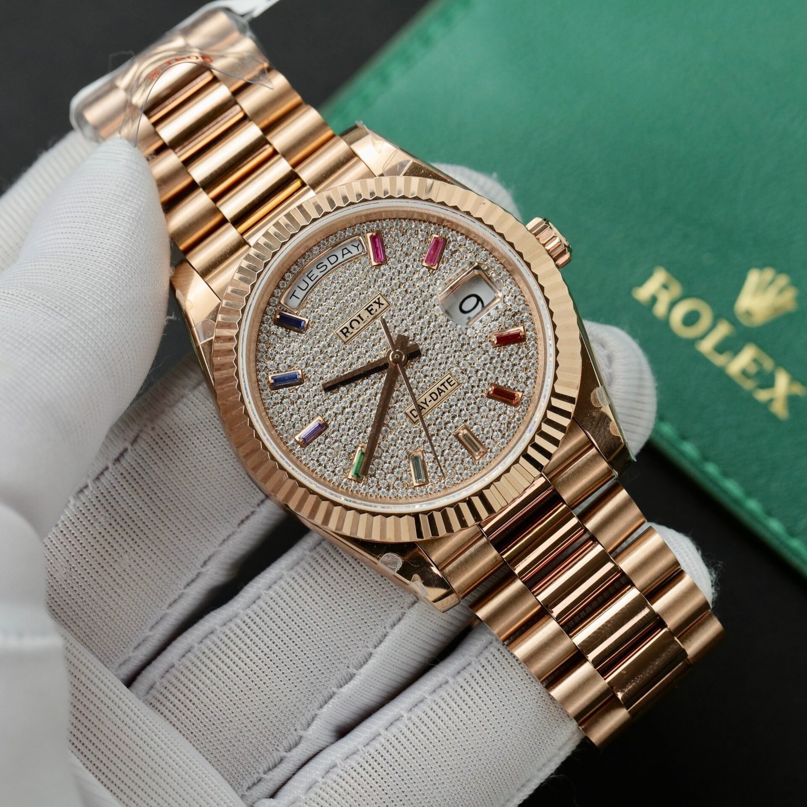Rolex Day-Date 40 228235 Rose Gold Custom Moissanite Rainbow Dial Best Replica - 图片 3
