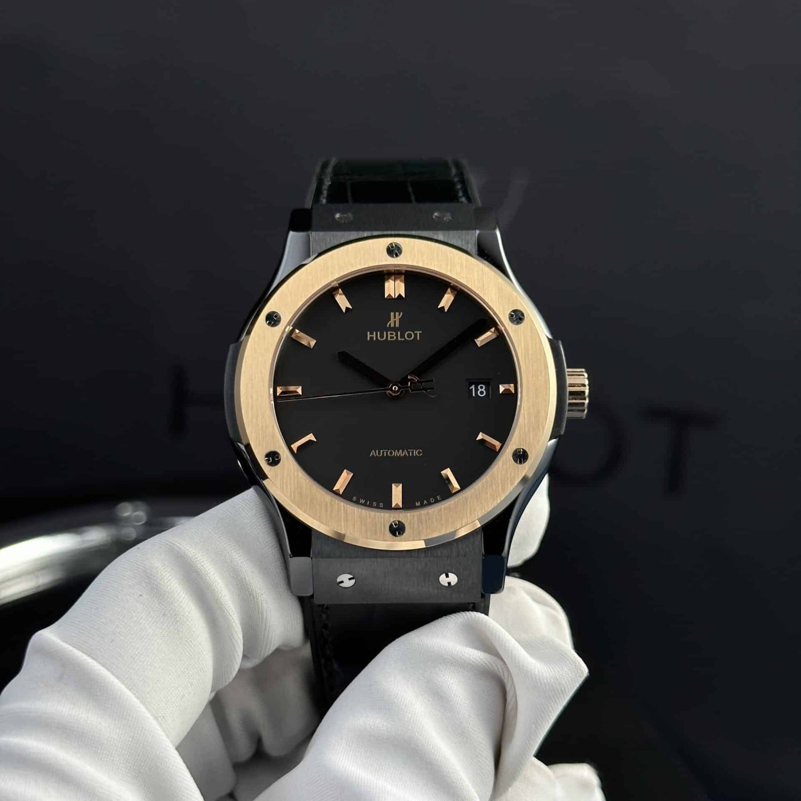 Hublot Classic Fusion Ceramic King Gold Black Dial Leather Super Clone 42mm