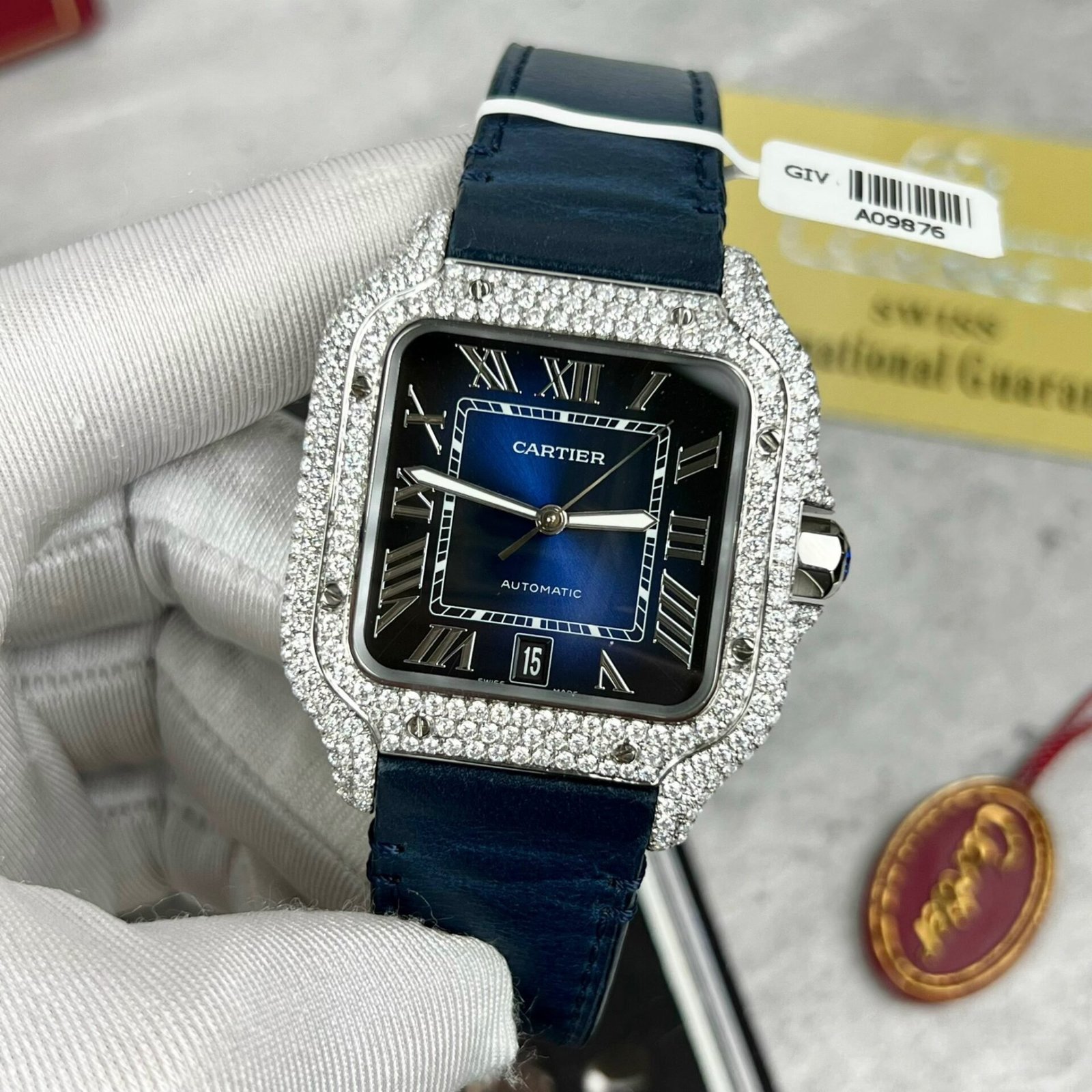 Cartier Santos Large Model Blue Dial Custom Moissanite Case Leather Strap 39.8mm - 图片 2