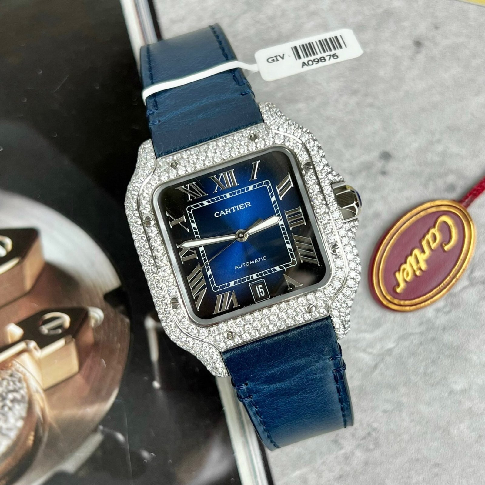 Cartier Santos Large Model Blue Dial Custom Moissanite Case Leather Strap 39.8mm - 图片 3