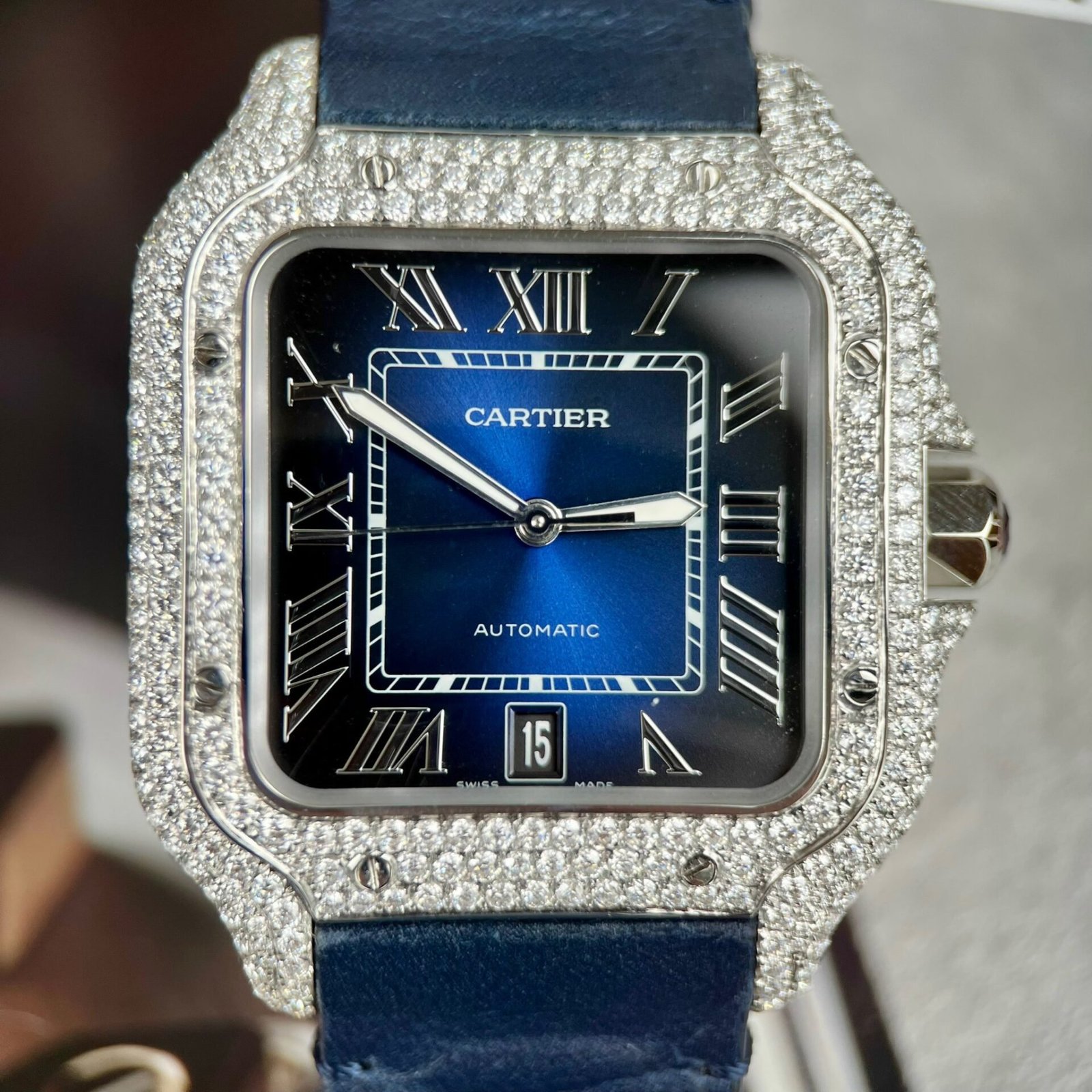 Cartier Santos Large Model Blue Dial Custom Moissanite Case Leather Strap 39.8mm - 图片 4