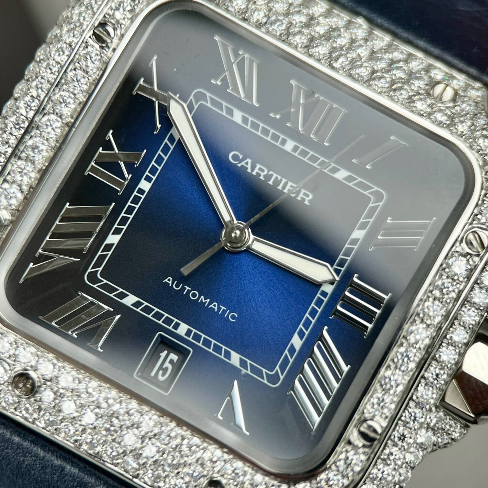 Cartier Santos Large Model Blue Dial Custom Moissanite Case Leather Strap 39.8mm - 图片 5