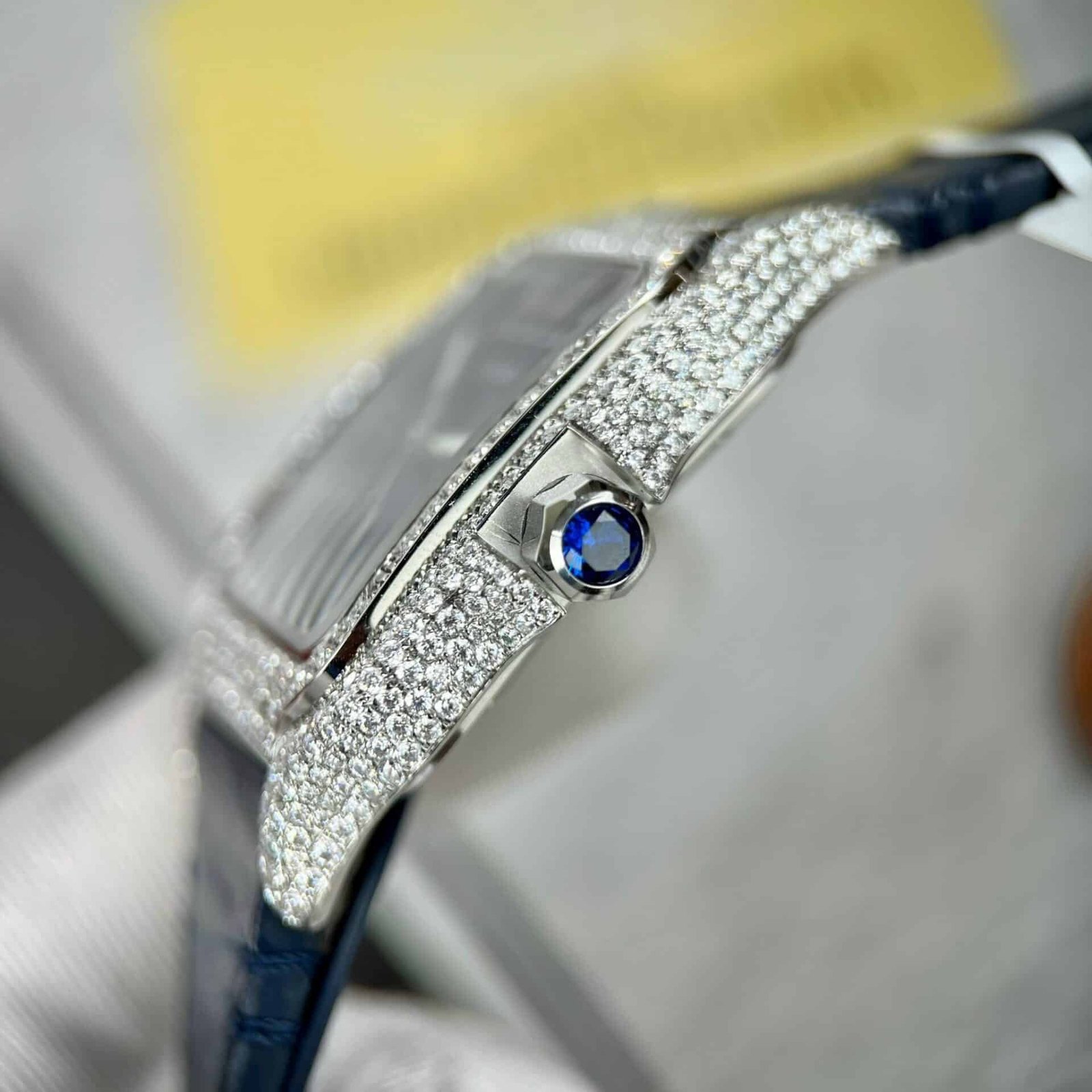 Cartier Santos Large Model Blue Dial Custom Moissanite Case Leather Strap 39.8mm - 图片 7