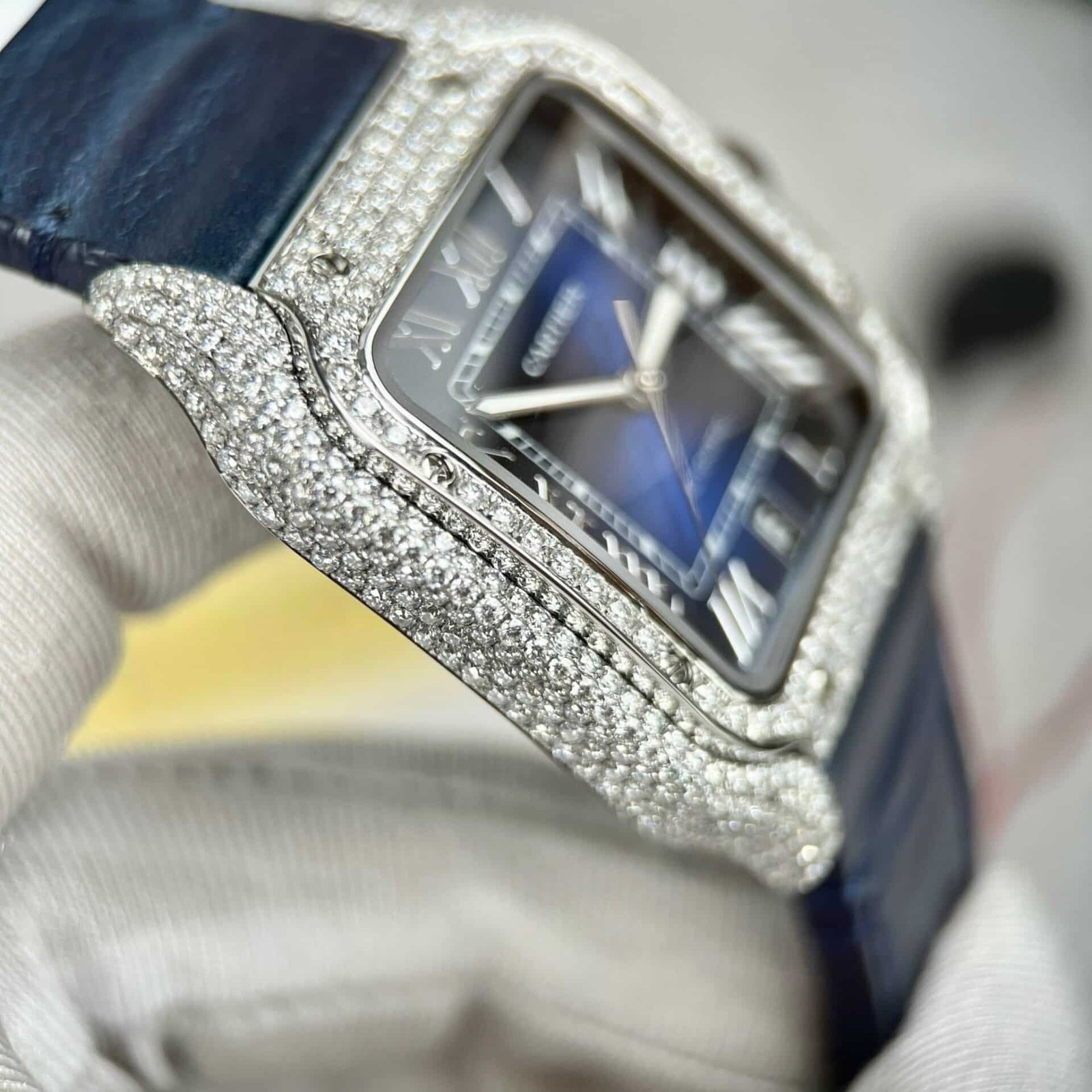 Cartier Santos Large Model Blue Dial Custom Moissanite Case Leather Strap 39.8mm - 图片 8