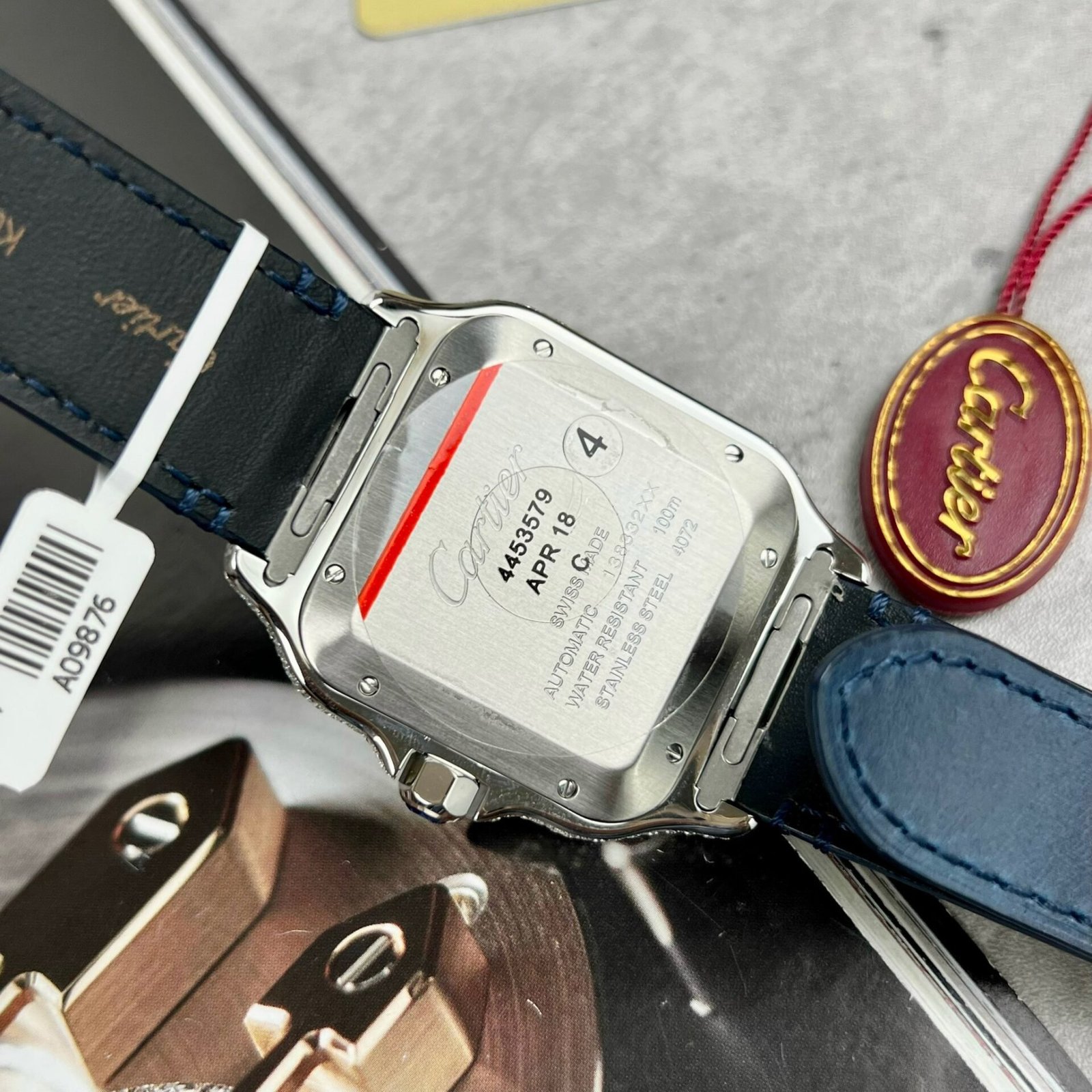 Cartier Santos Large Model Blue Dial Custom Moissanite Case Leather Strap 39.8mm - 图片 9