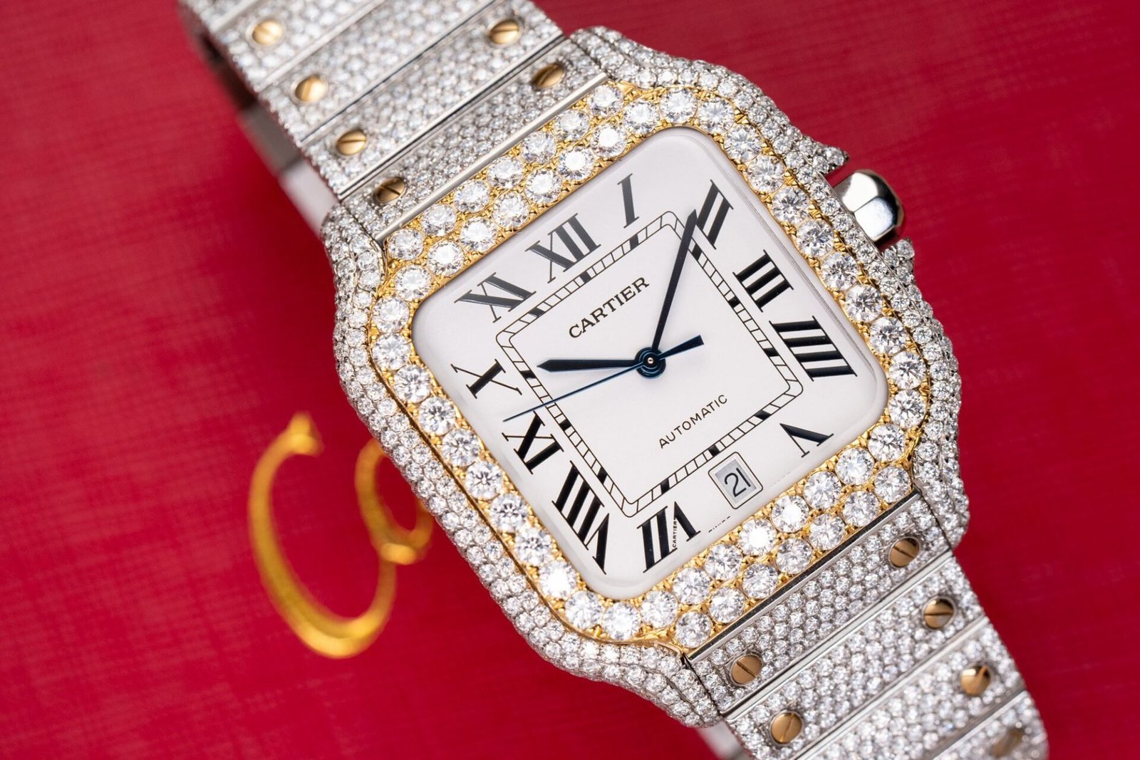 Cartier Santos White Dial Two Tone Large Model Iced Out Moissanite 39.8mm - 图片 2