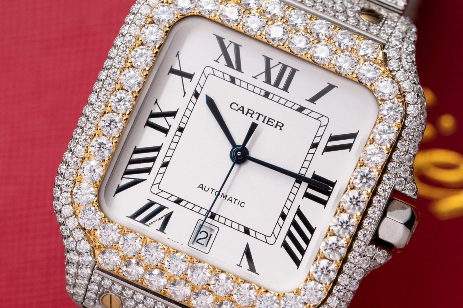Cartier Santos White Dial Two Tone Large Model Iced Out Moissanite 39.8mm - 图片 4