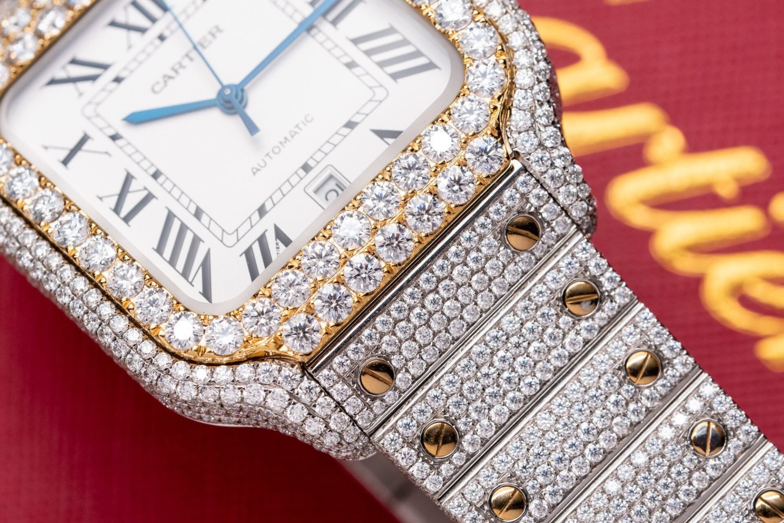 Cartier Santos White Dial Two Tone Large Model Iced Out Moissanite 39.8mm - 图片 6