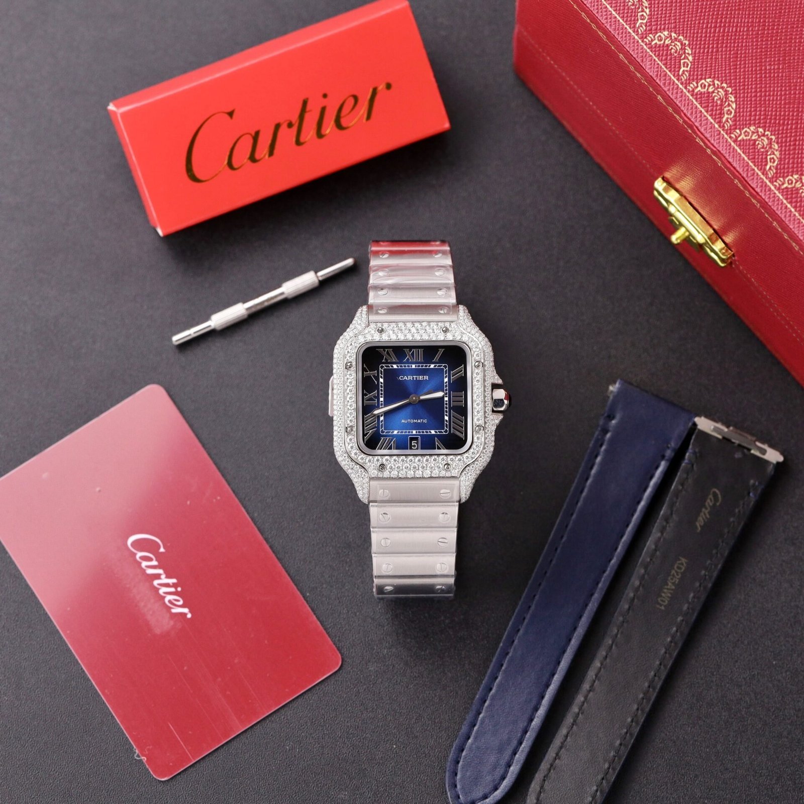 Cartier Santos Blue Dial Custom Moissanite Case Large Model Best Replica BVF 39.8mm - 图片 2