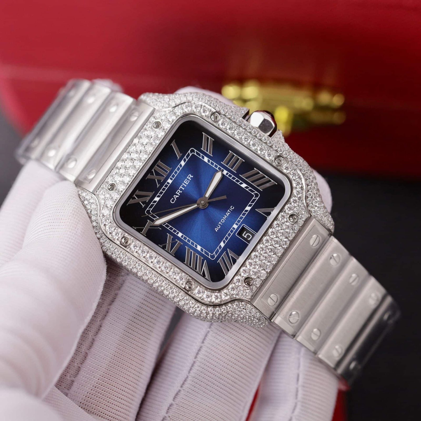 Cartier Santos Blue Dial Custom Moissanite Case Large Model Best Replica BVF 39.8mm - 图片 3