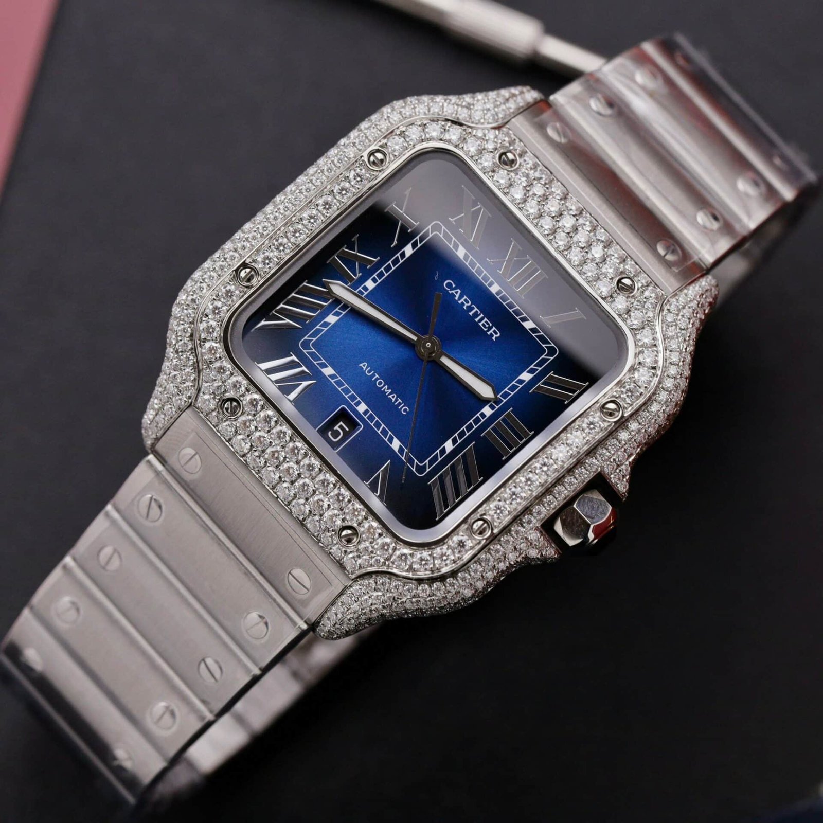 Cartier Santos Blue Dial Custom Moissanite Case Large Model Best Replica BVF 39.8mm - 图片 4