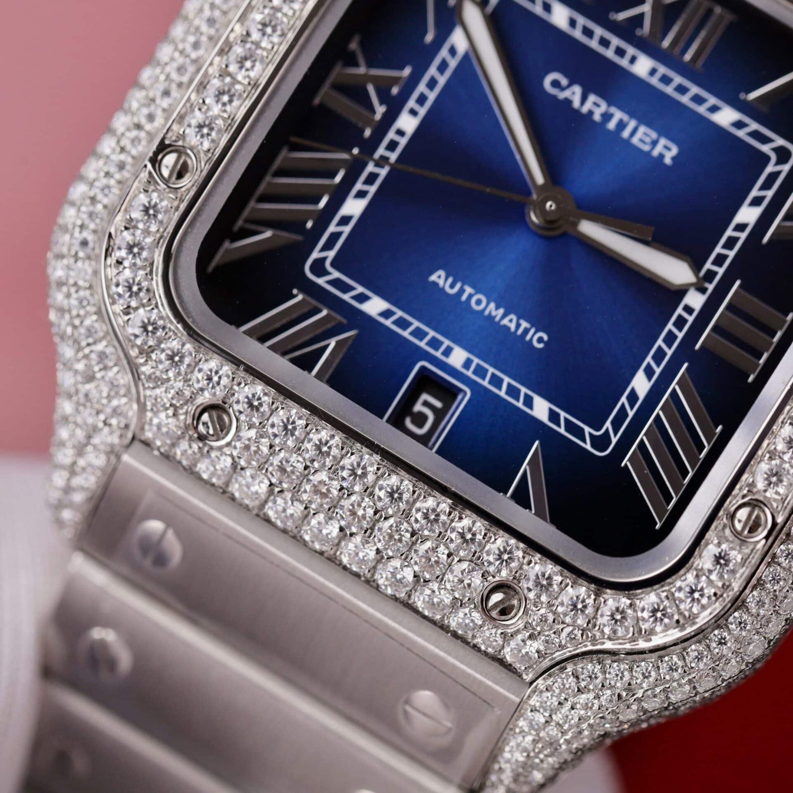 Cartier Santos Blue Dial Custom Moissanite Case Large Model Best Replica BVF 39.8mm - 图片 6