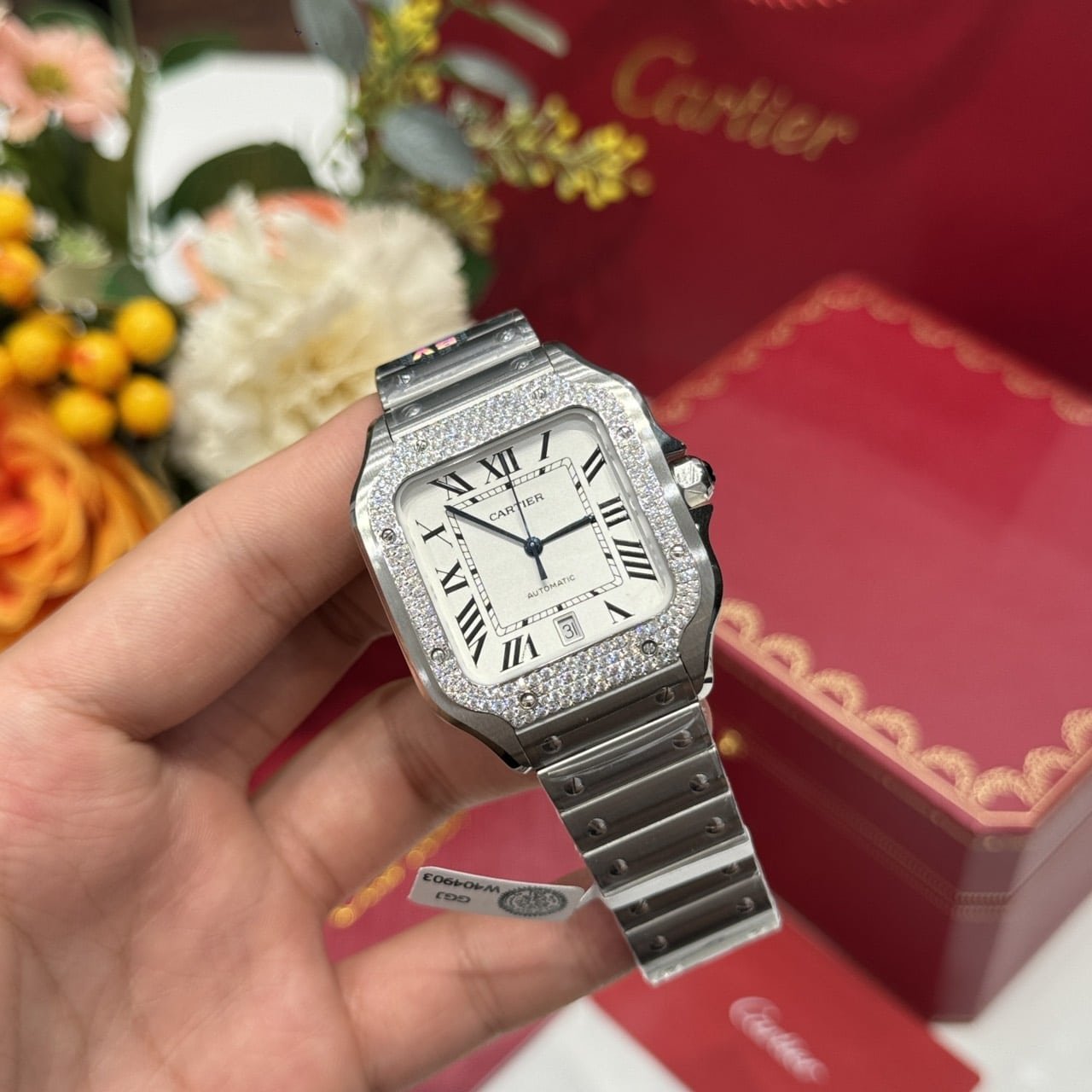 Cartier Santos Large Model White Dial Custom Moissanite Bezel Best Replica BVF 39.8mm - 图片 3